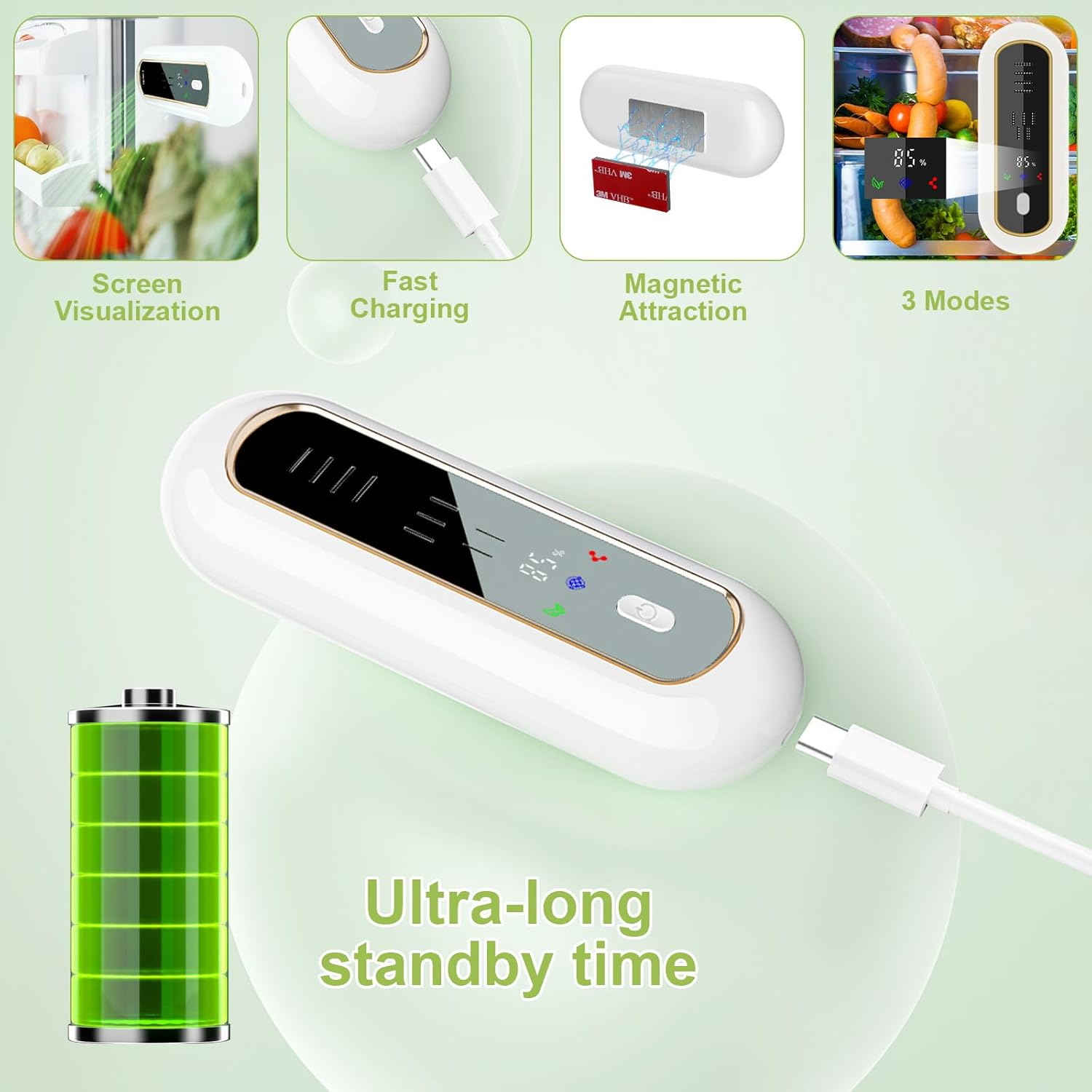 Ein weißes Gerät mit einem digitalen Bildschirm wird an ein USB-C-Kabel angeschlossen.