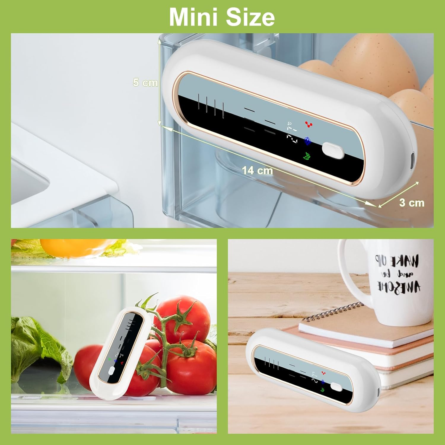 Ein weißes Gerät mit digitalen Anzeigen, das in einem Kühlschrank mit Eiern und auf einem Tisch neben Büchern und einer Tasse liegt.