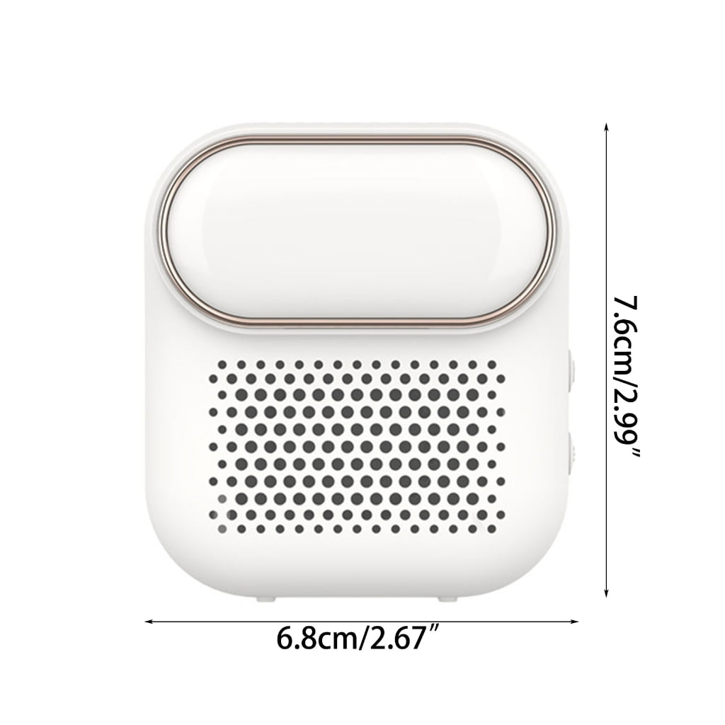 Ein weißer Ventilator mit Lüftungsschlitzen und Metallrand. Maße: 6,8 x 7,6 cm.