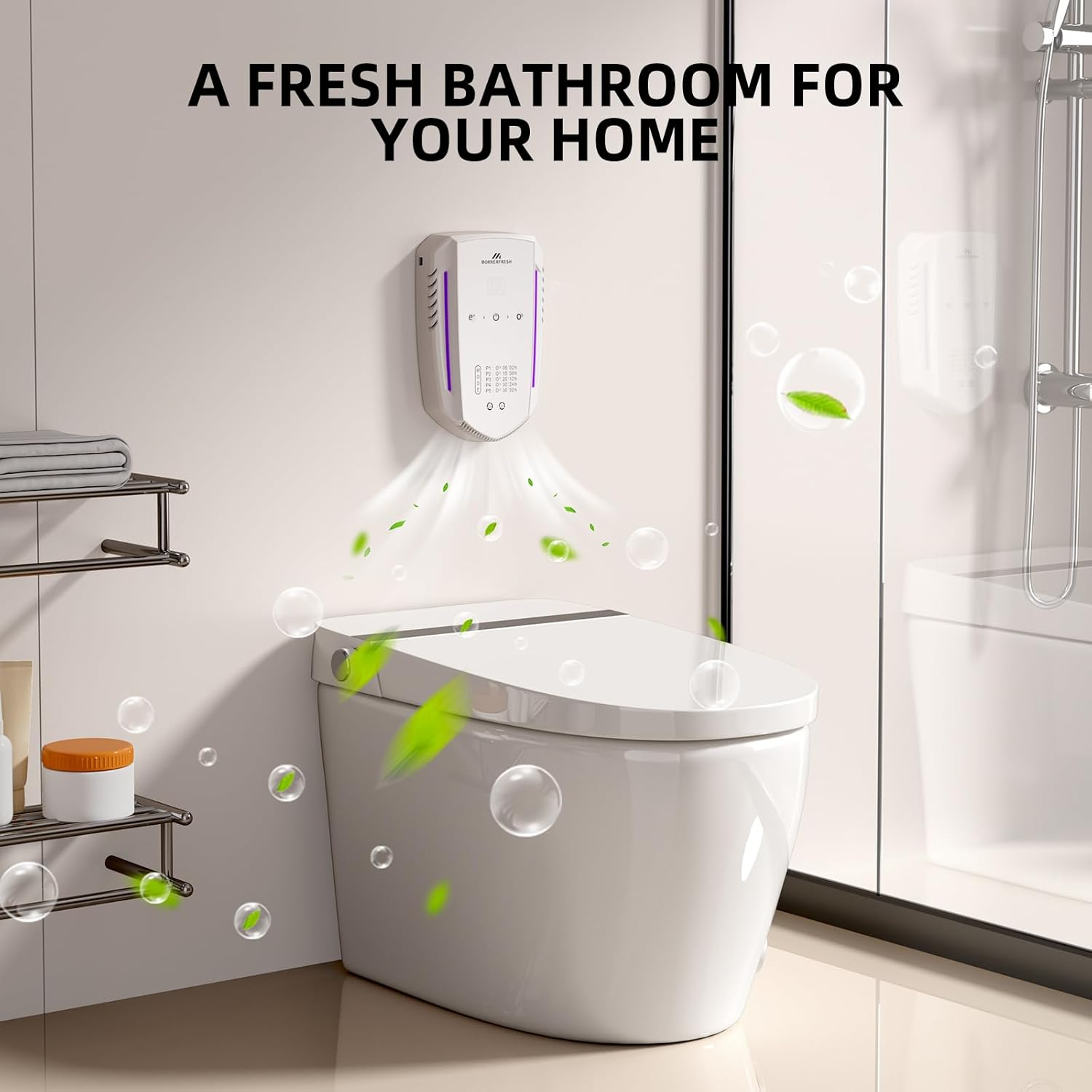 Ein weißer Toilettensitz mit einem Lufterfrischer an der Wand, der grüne Blätter und Blasen ausstößt.