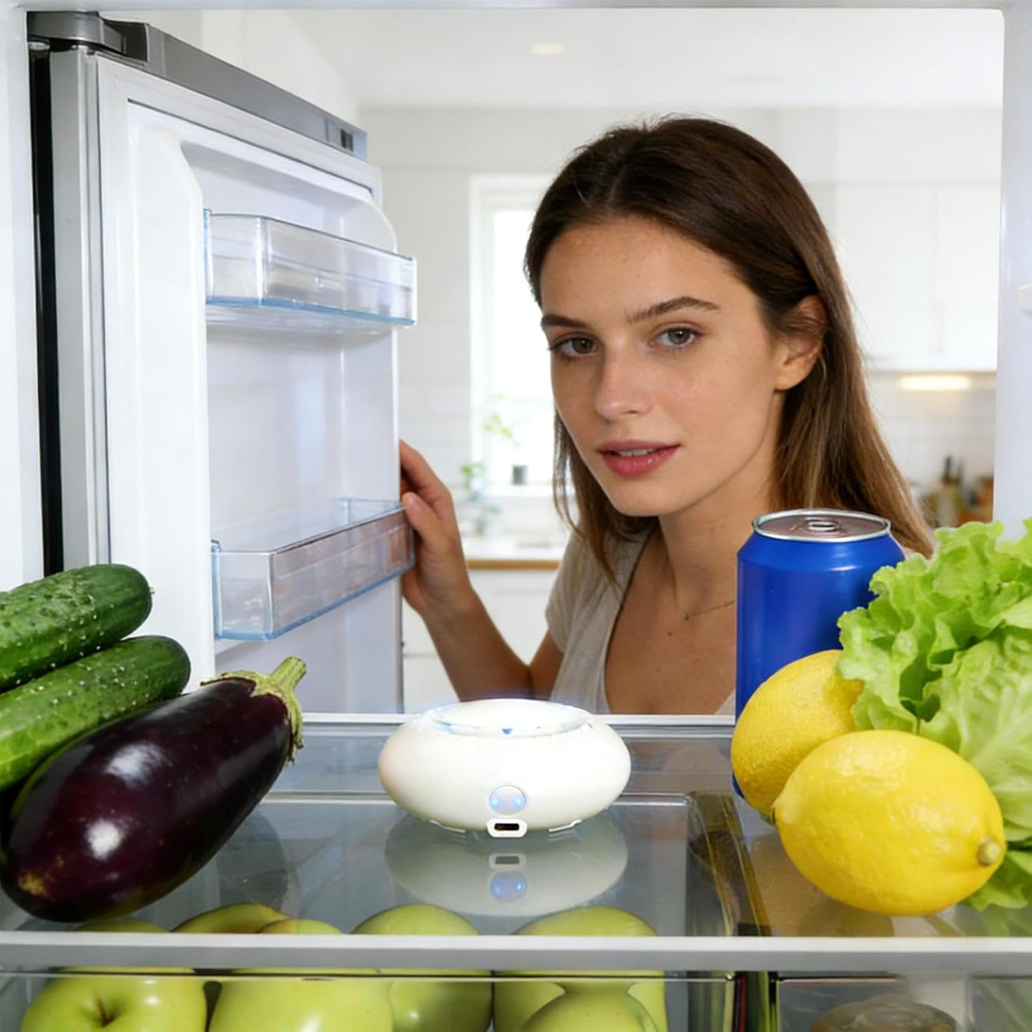 Frau öffnet Kühlschrank mit Gemüse, Obst, Dose und Salat.