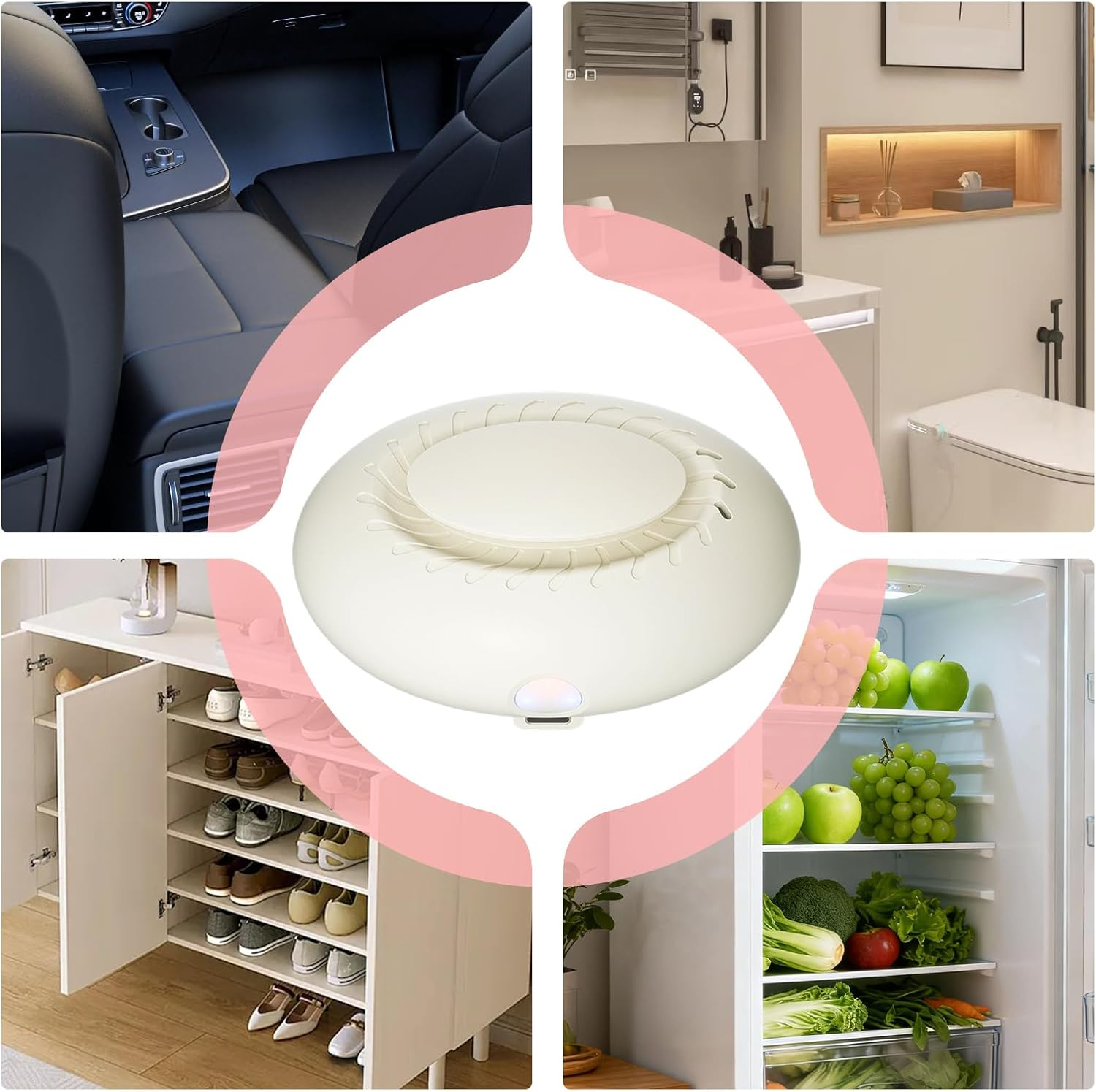 Collage zeigt Autoinnenraum, Badezimmerregal, Schuhregal und Kühlschrank.