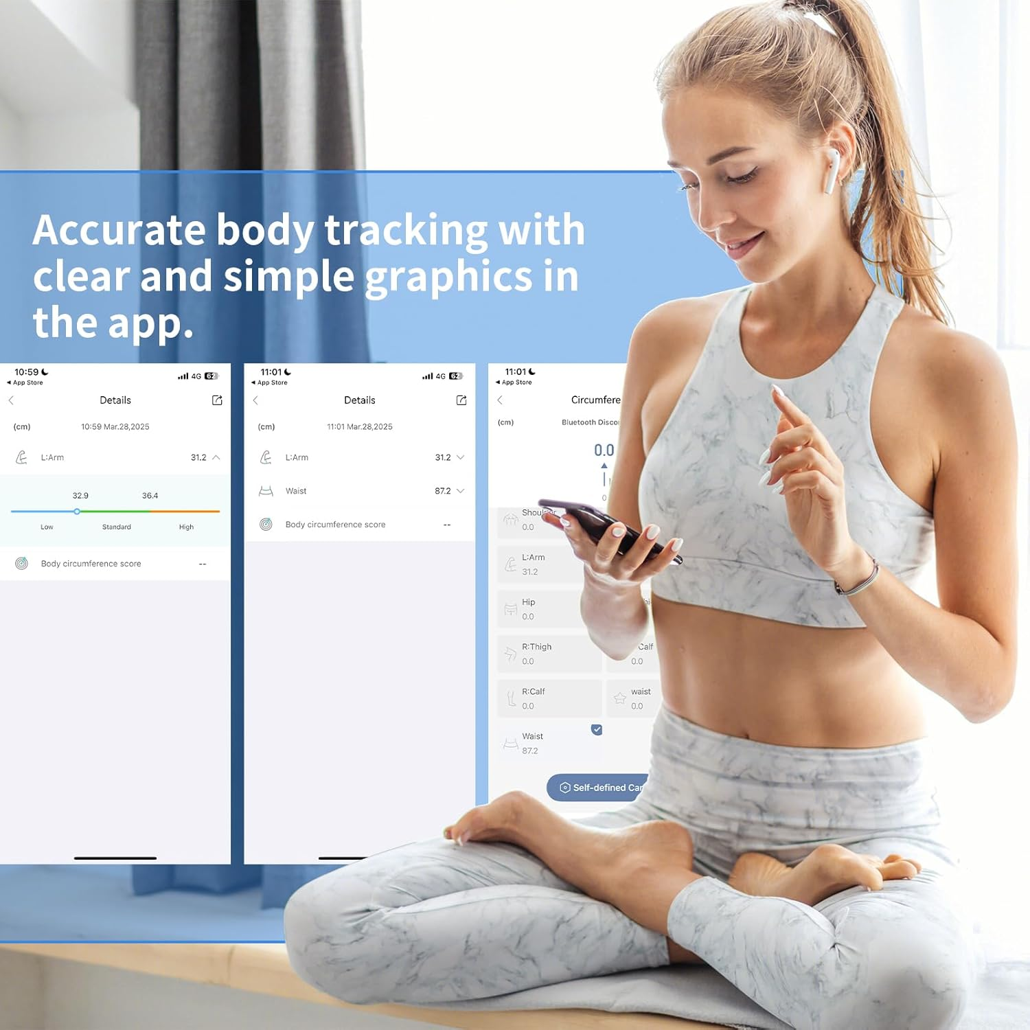 Frau mit Kopfhörern benutzt Smartphone mit Körperdaten-App. Text 'Accurate body tracking...'