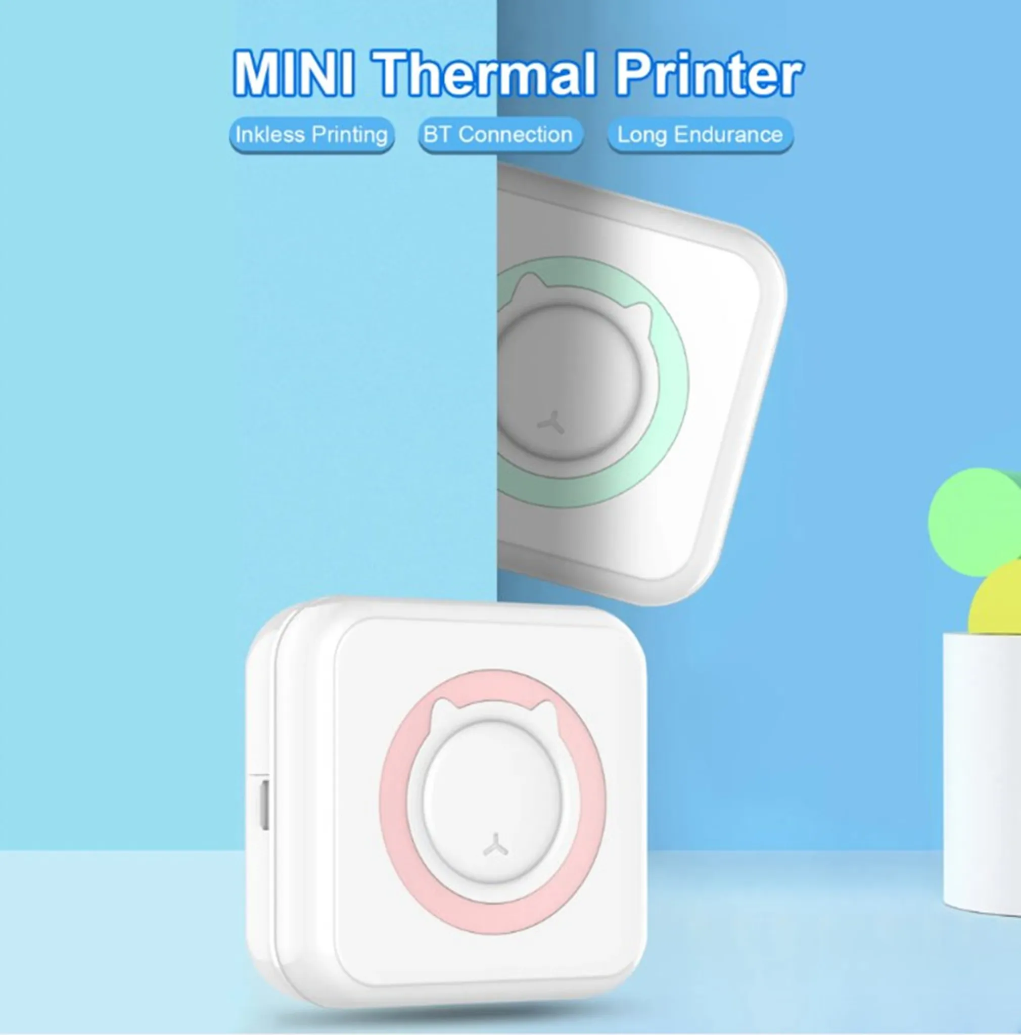 Zwei weiße Mini-Thermodrucker mit süßen Katzengesichtern auf blauem Hintergrund.