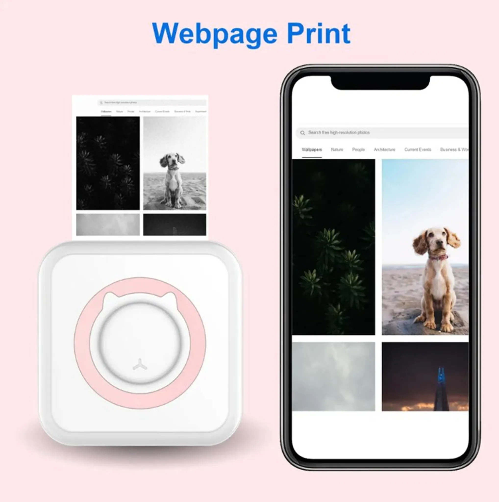 Ein Drucker druckt ein Smartphone-Display mit Hundefotos.