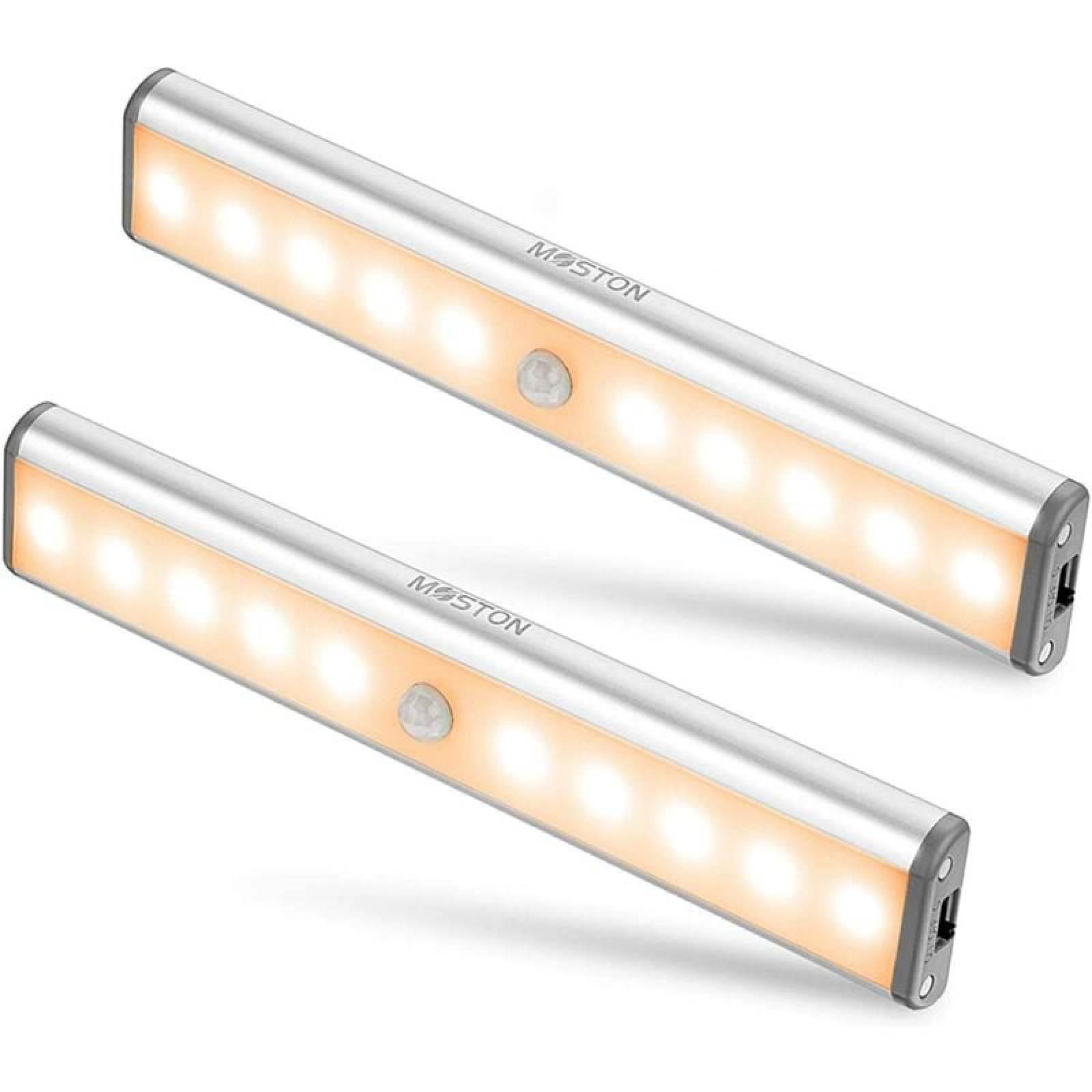 Zwei silberne LED-Leisten mit Bewegungssensor und warmweißer Beleuchtung.