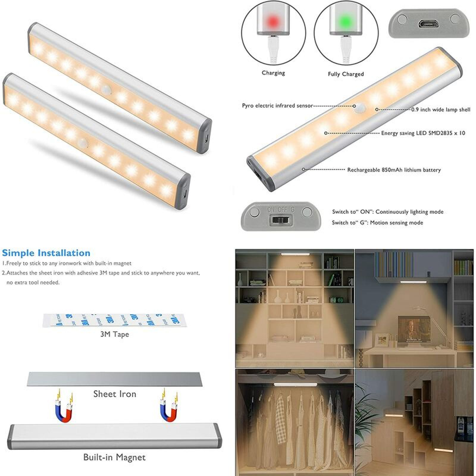 LED-Streifen mit Sensoren, Ladeanzeige, Installationsoptionen und Anwendungsbeispielen.