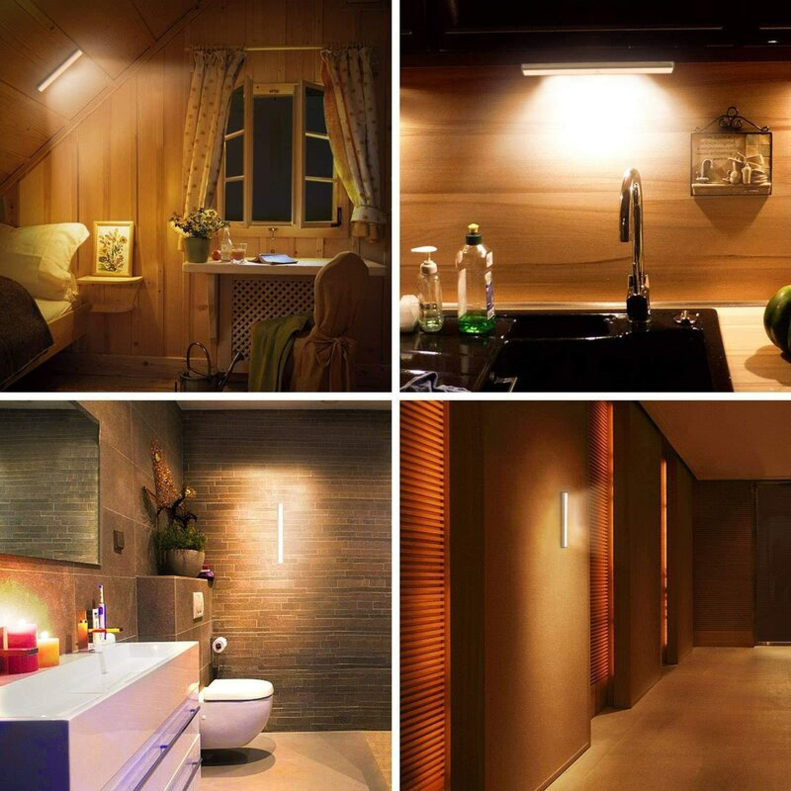 Collage von vier Szenen: Schlafzimmer, Küche, Bad und Flur, jeweils mit Wandleuchten.