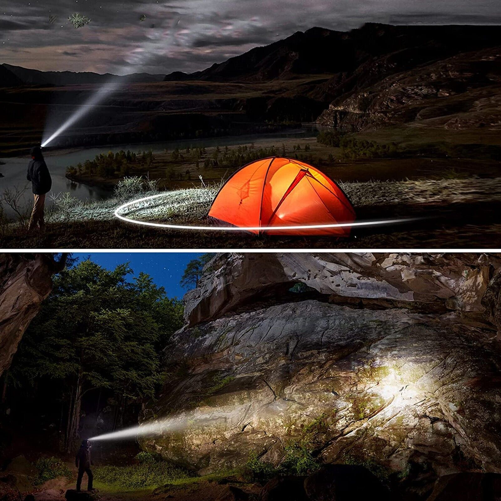 Mann mit Stirnlampe bei Nacht neben Zelt; Höhle mit Mann und Stirnlampe.