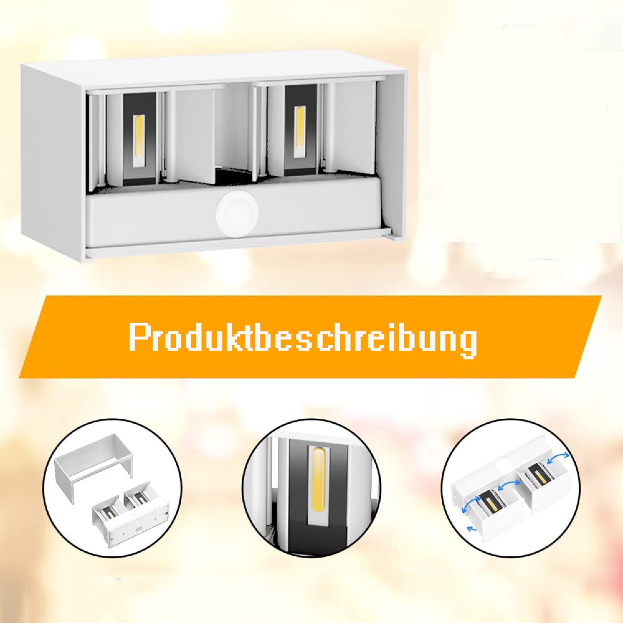 Ein weißes Wandlicht mit zwei Leuchtmitteln und detaillierten Ansichten.