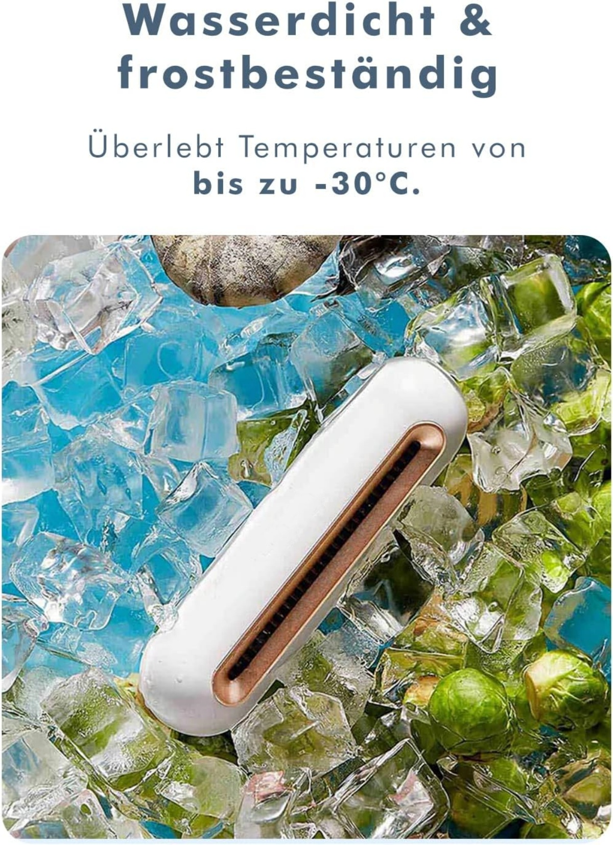 Ein weißer Stab liegt auf Eiswürfeln und Rosenkohl. Wasserdicht & frostbeständig.