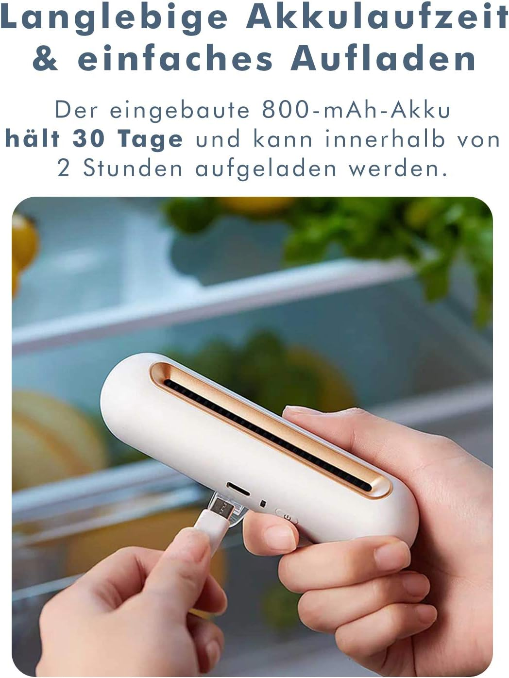 Weiße und goldene Ladestation wird an ein USB-Kabel angeschlossen.