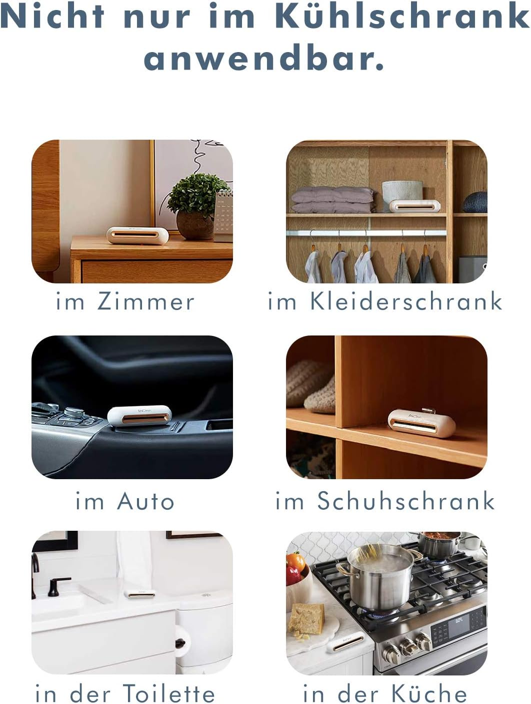 Ein Odor-Absorber wird in verschiedenen Räumen gezeigt: Zimmer, Kleiderschrank, Auto, Schuhschrank, Toilette, Küche.