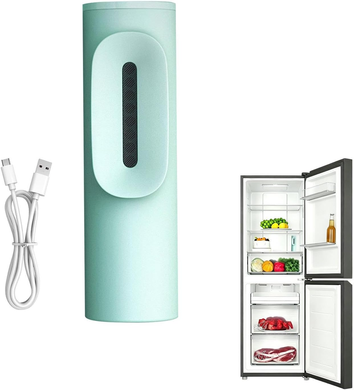 Ein mintgrüner Lufterfrischer mit Kabel und ein offener Kühlschrank mit Lebensmitteln.
