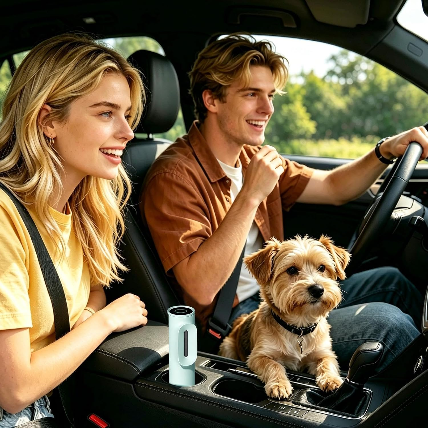 Ein Mann und eine Frau fahren Auto mit einem Hund auf dem Schoß, mit einem Luftreiniger.