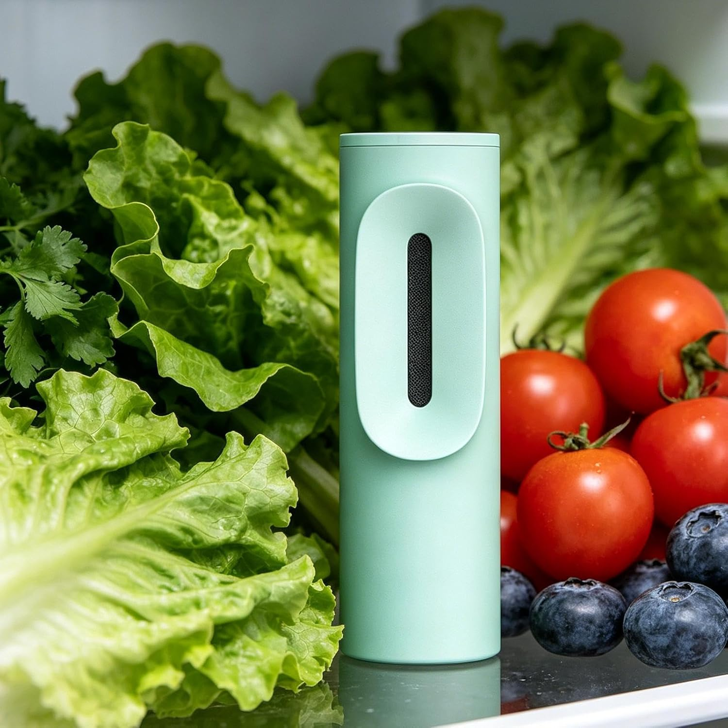 Ein grünes Gerät steht vor Salat, Tomaten und Blaubeeren im Kühlschrank.