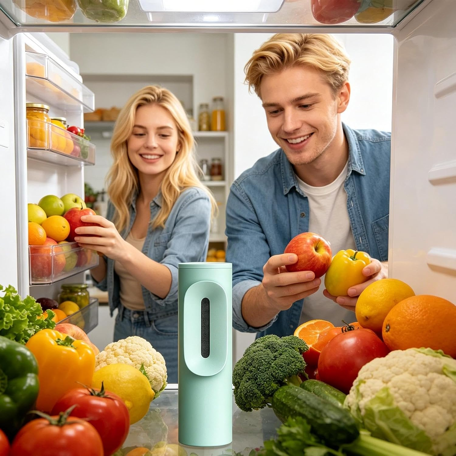 Ein Mann und eine Frau sortieren Obst und Gemüse in einem Kühlschrank.