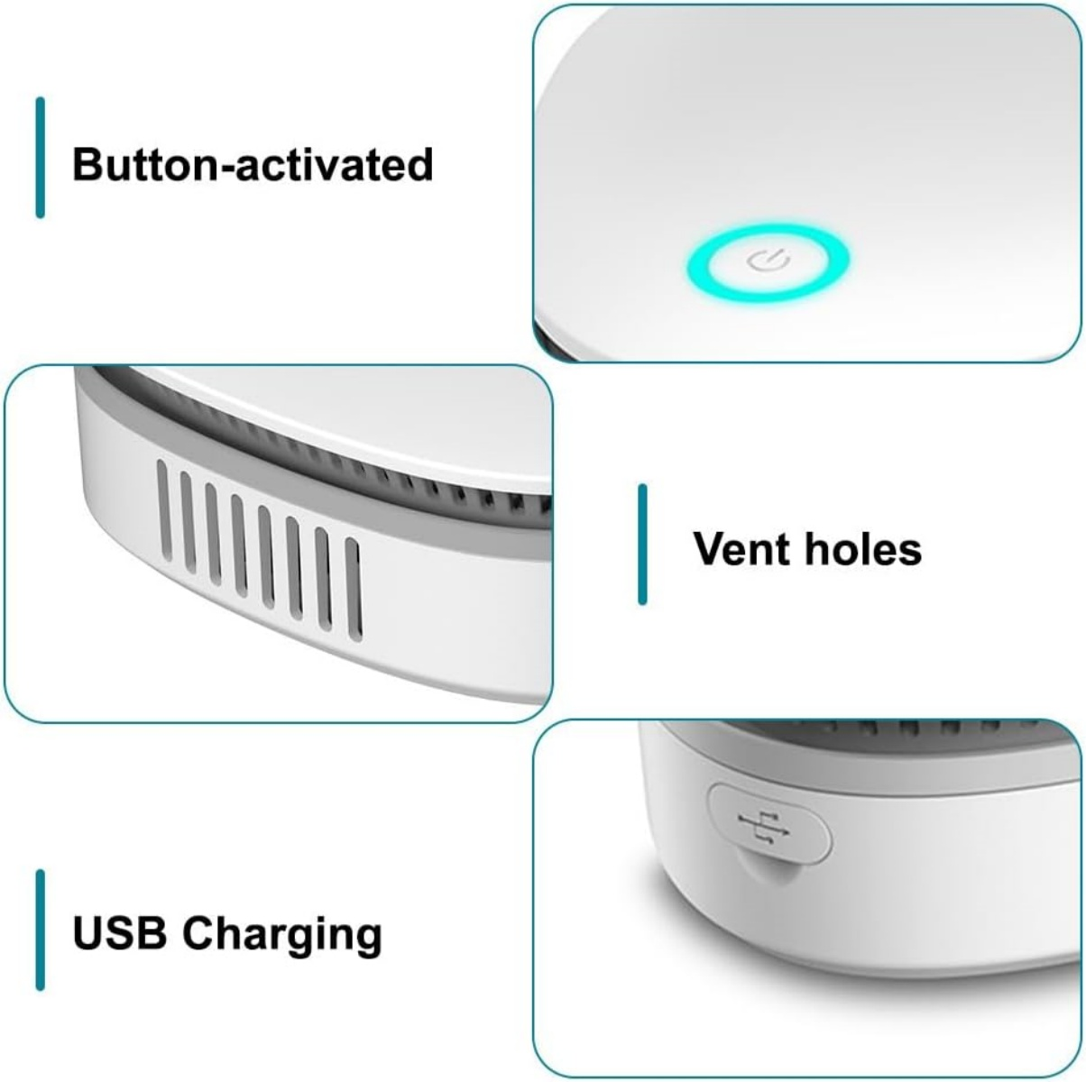 Weiße runde Einheit mit blau beleuchtetem Netzschalter, Lüftungsschlitzen und USB-Ladeanschluss.