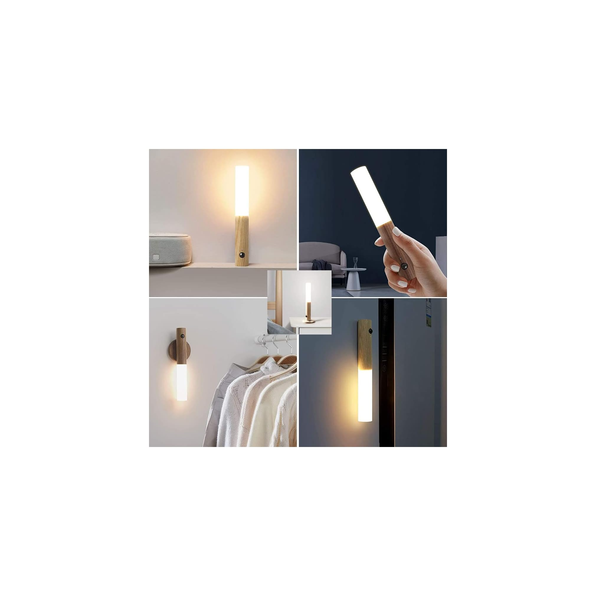 Ein schlankes Holzlicht mit weißem Schirm leuchtet.