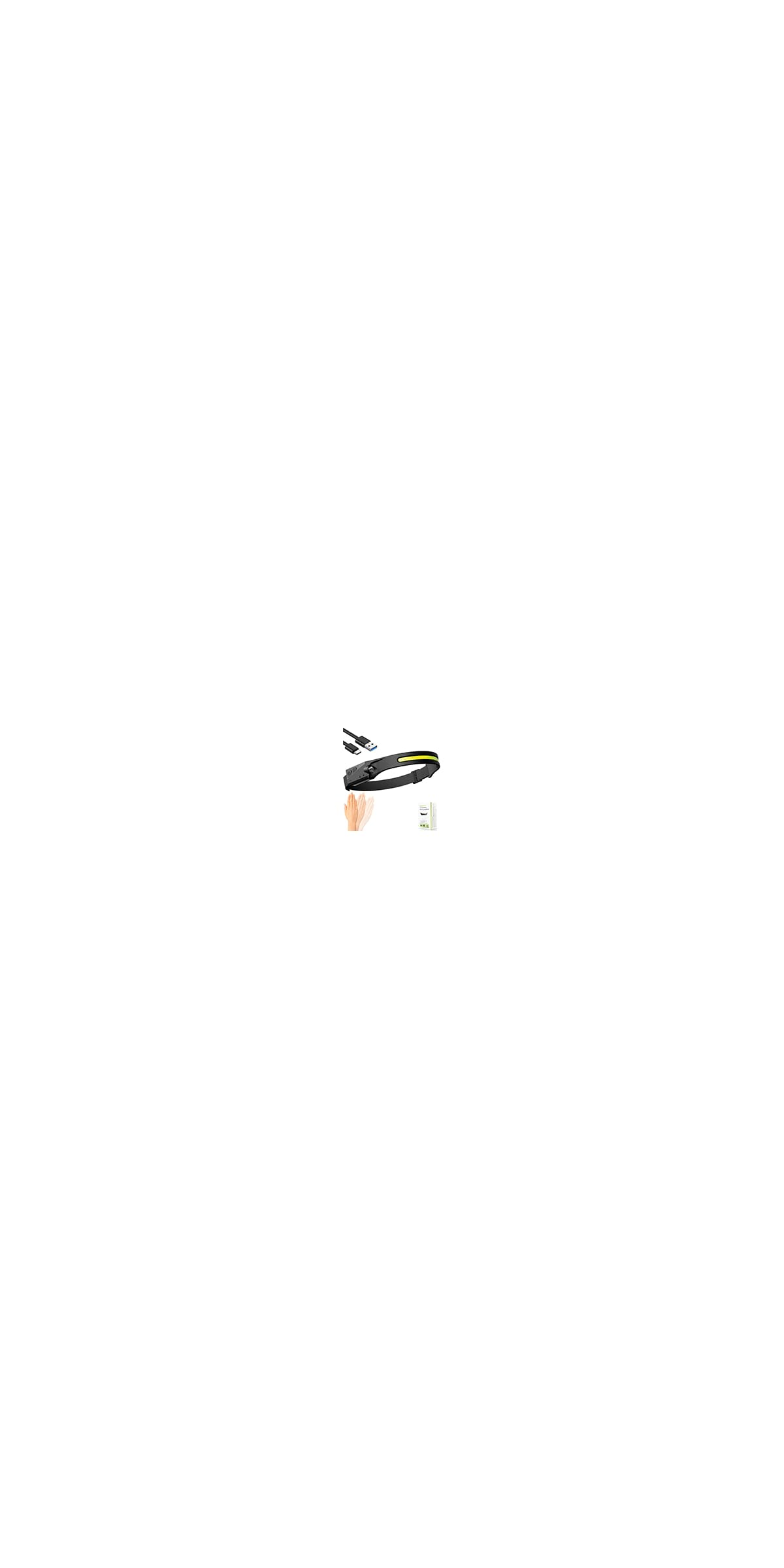 Ein Stirnband mit gelbem Streifen, USB-Kabel und Handgesten-Symbol.