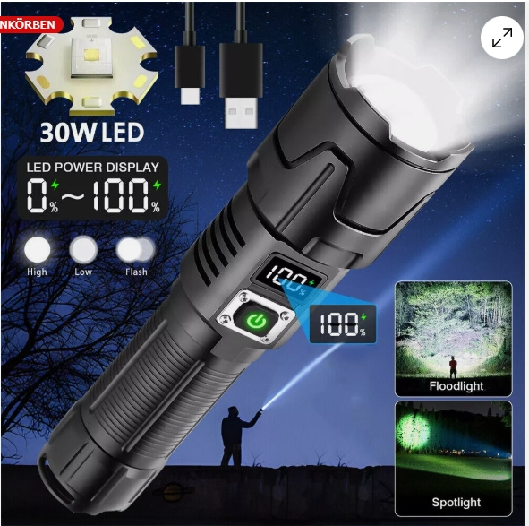 Starker LED-Strahler mit 30W, Ladeanzeige, USB-Kabel und 3 Leuchtmodi.