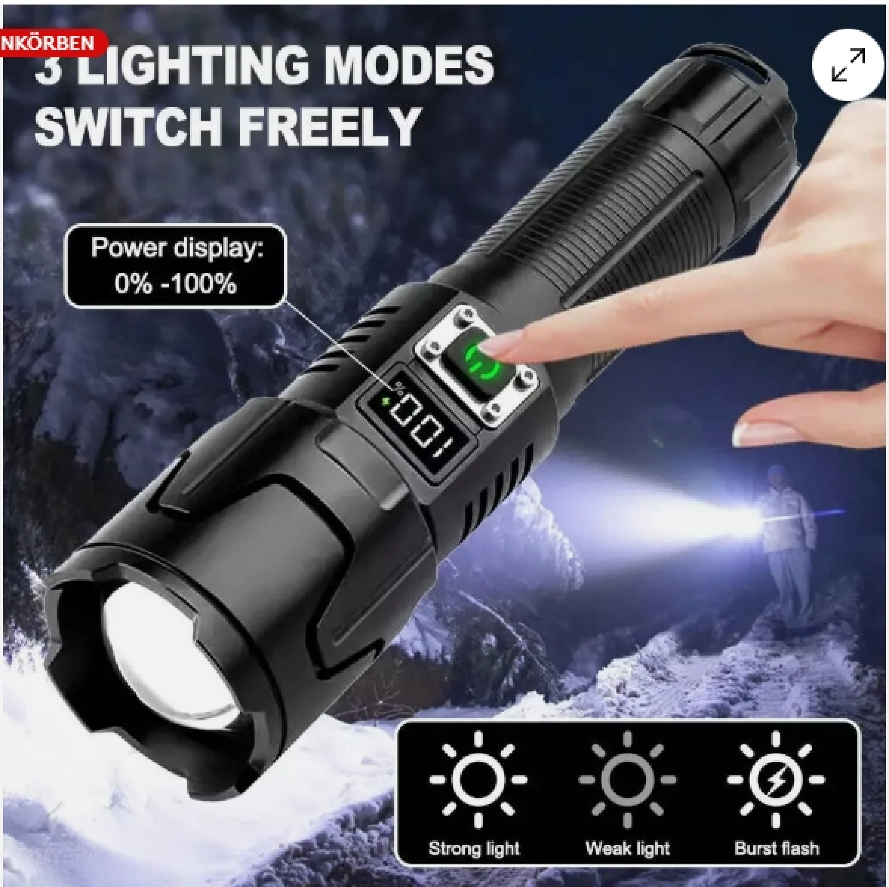 Eine Hand drückt den Knopf einer Taschenlampe mit digitaler Anzeige.