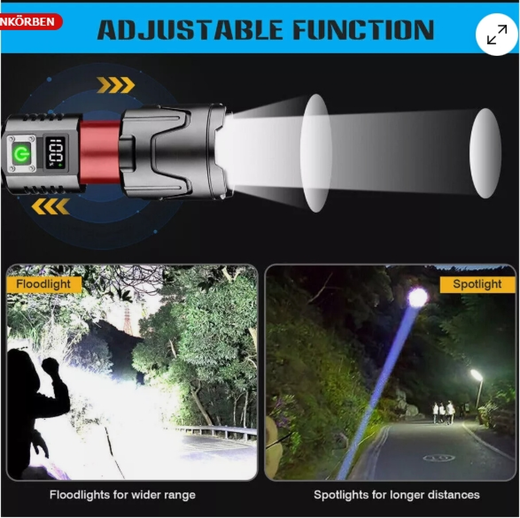 Taschenlampe mit einstellbarer Funktion, Flutlicht und Scheinwerfer.