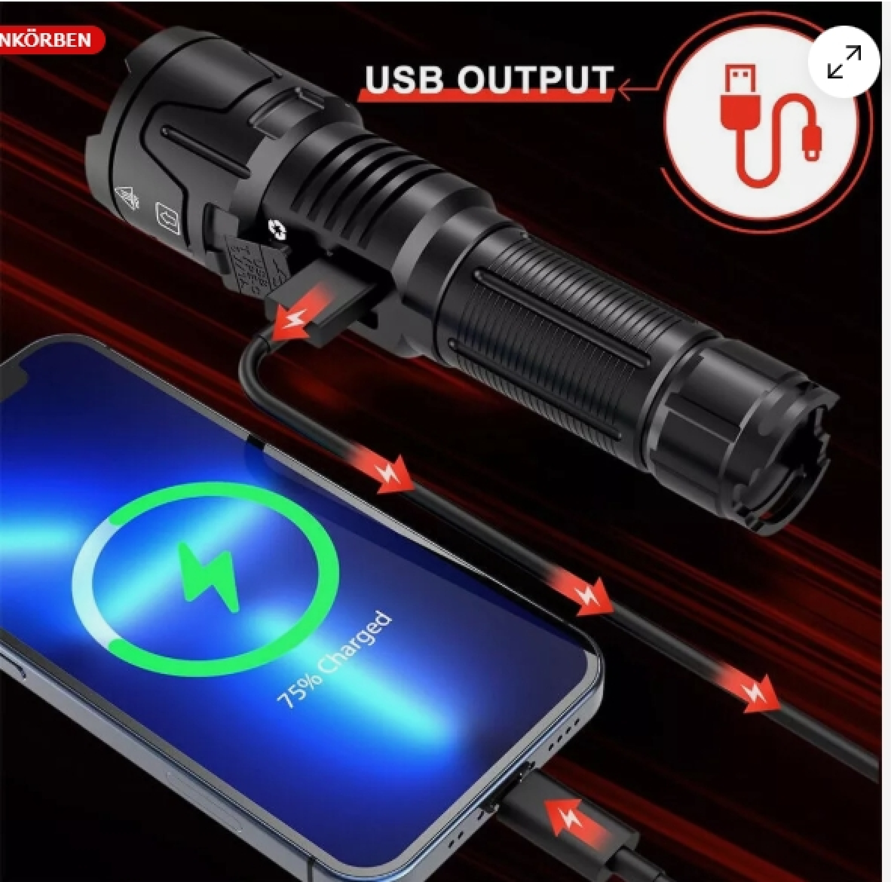 Schwarze Taschenlampe lädt ein Smartphone mit 75% Akku über USB.