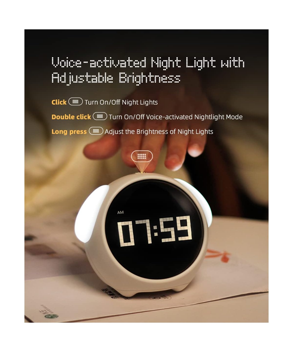 Eine Digitaluhr mit Lichtohren zeigt 07:59 an. Bedienungsanleitung.