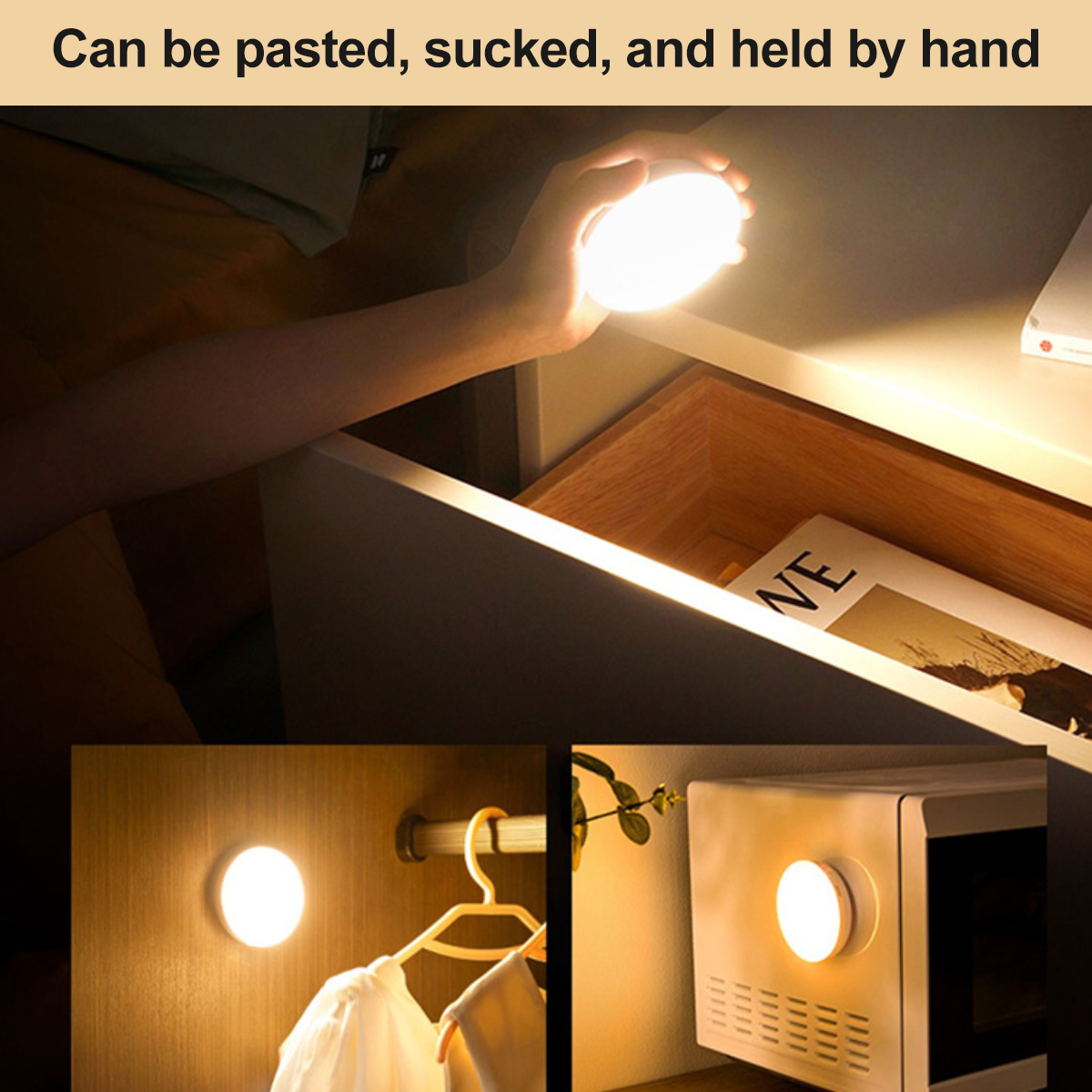 Eine Hand hält ein rundes, beleuchtetes Licht in der Nähe einer offenen Schublade mit einer Zeitschrift.