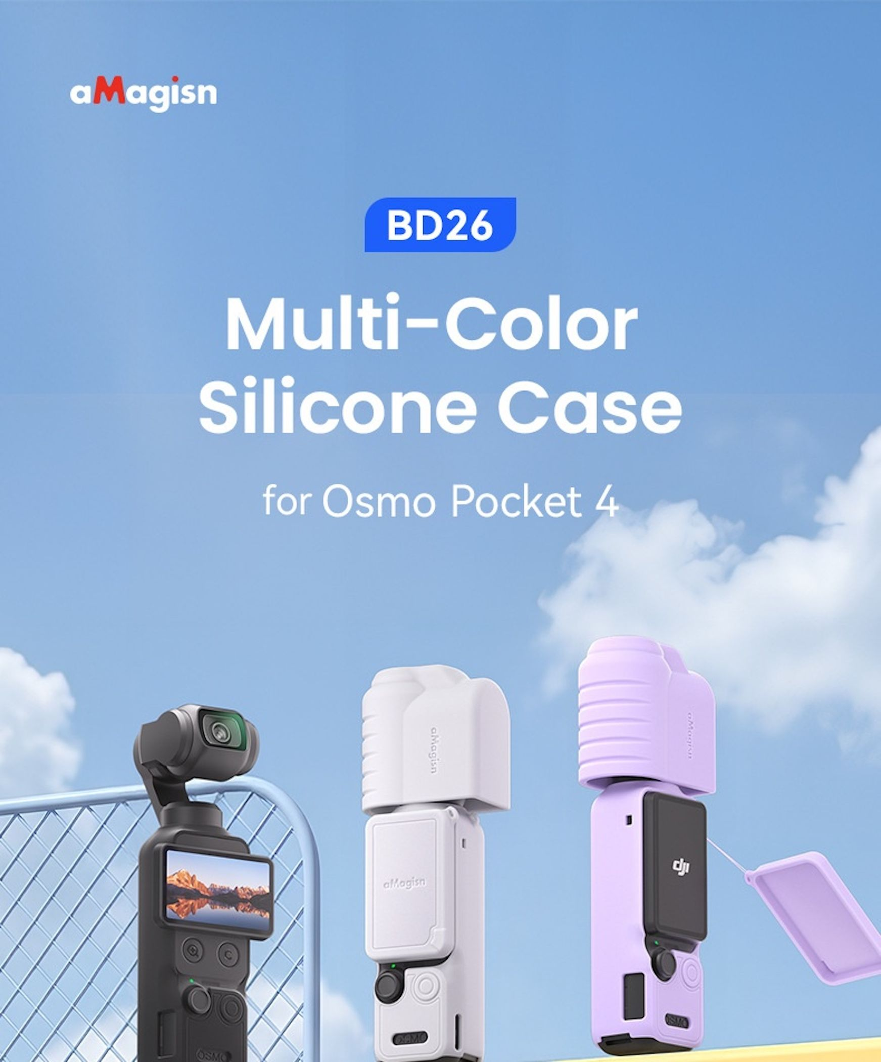 Drei Osmo Pocket 4 Kameras mit bunten Silikonhüllen vor blauem Himmel.