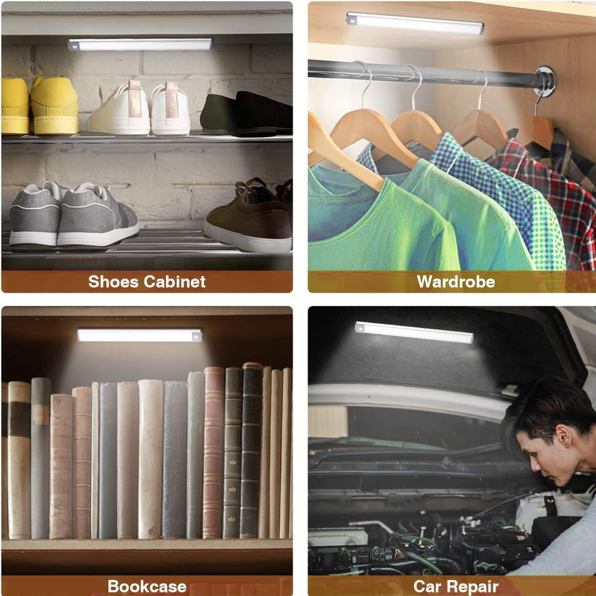 Leuchten in Schuhschrank, Kleiderschrank, Bücherregal und Autoreparatur.
