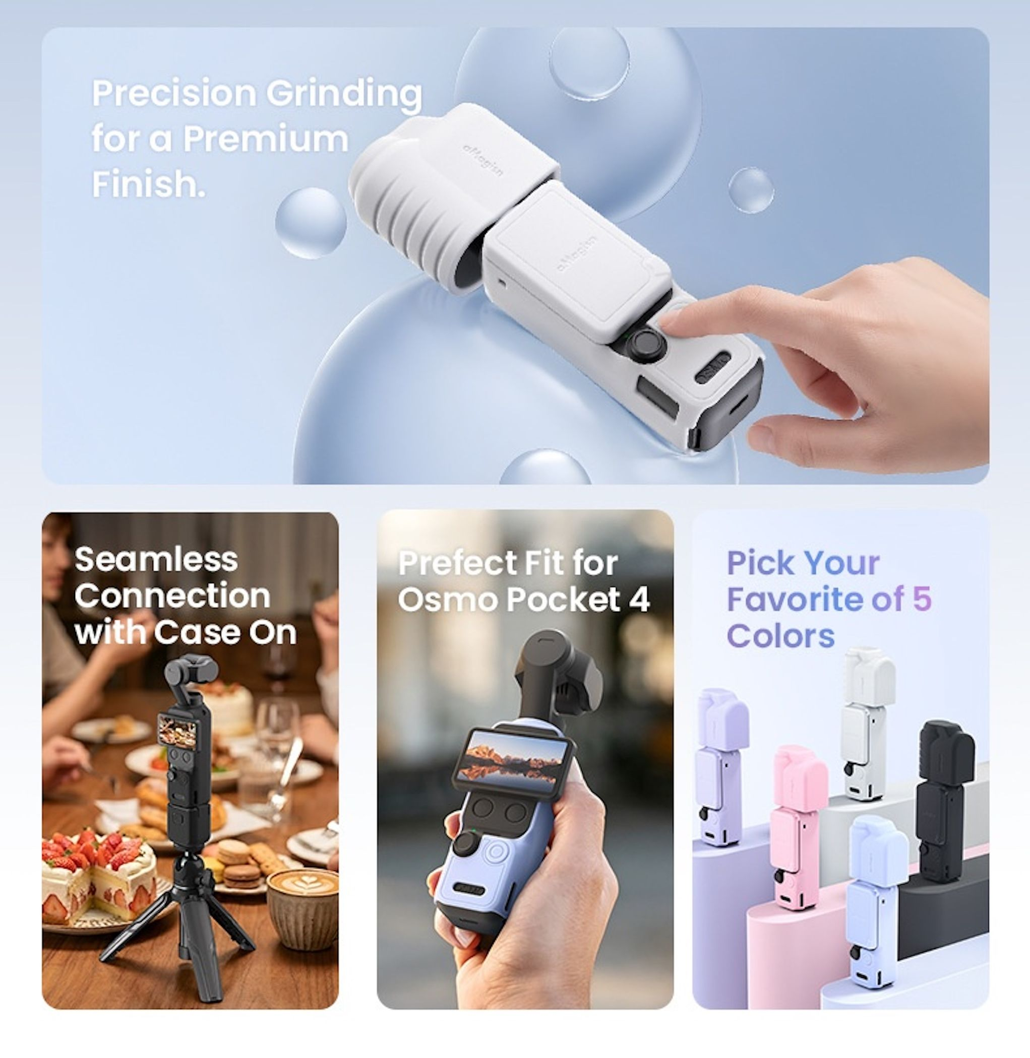Präzisionsschleifen für ein Premium-Finish. Gimbal auf Stativ. Gimbal in Hand. Mehrere Gimbals in Farben.