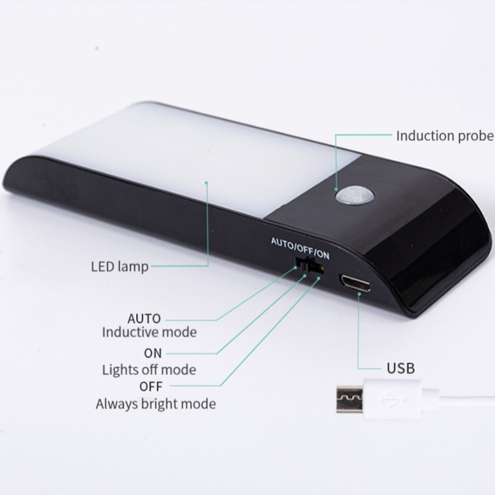 Schwarze LED-Lampe mit Induktionssonde, USB-Anschluss und Schaltern für AUTO/AUS/AN.