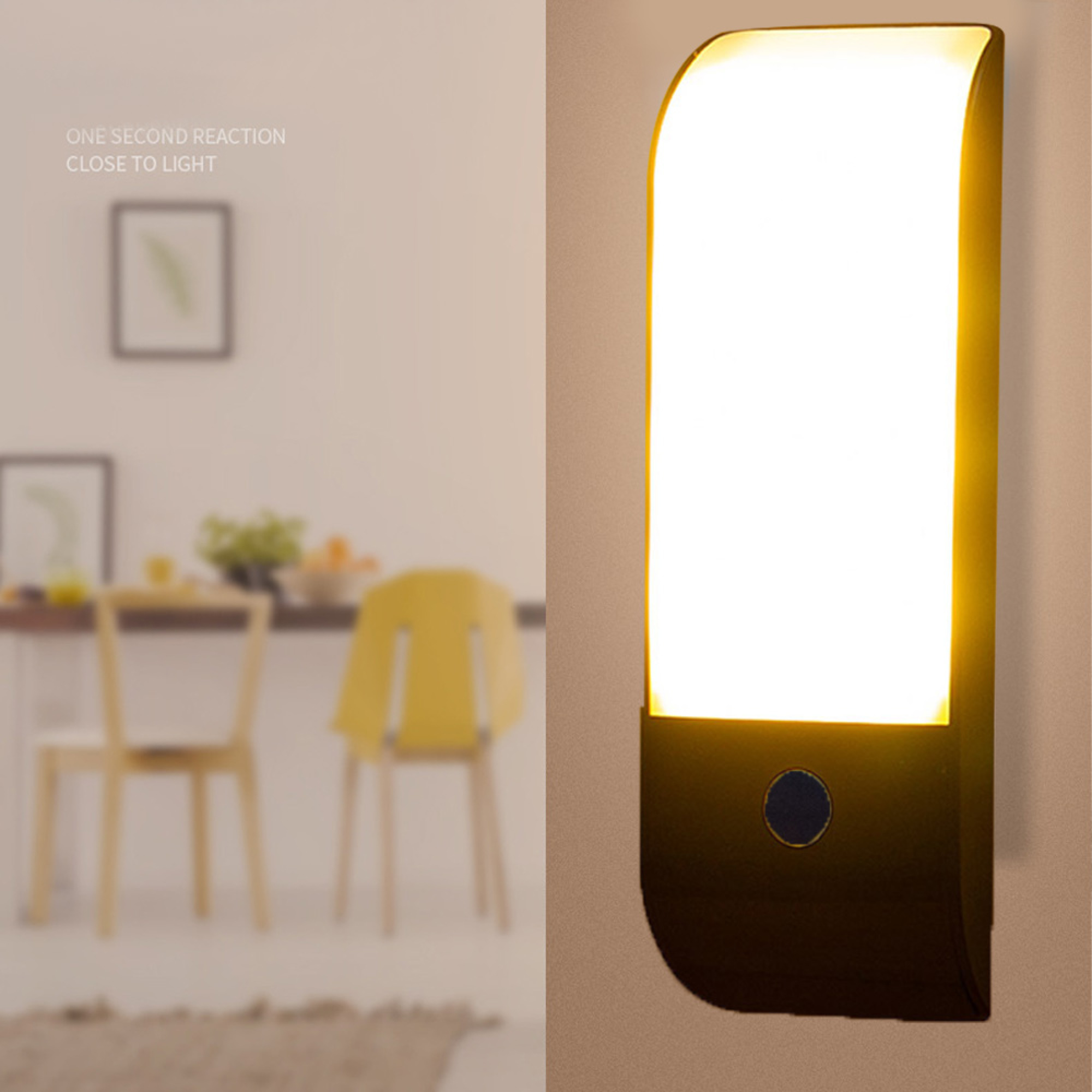 Ein modernes Nachtlicht mit weißem Licht und schwarzer Basis neben einem Tisch.