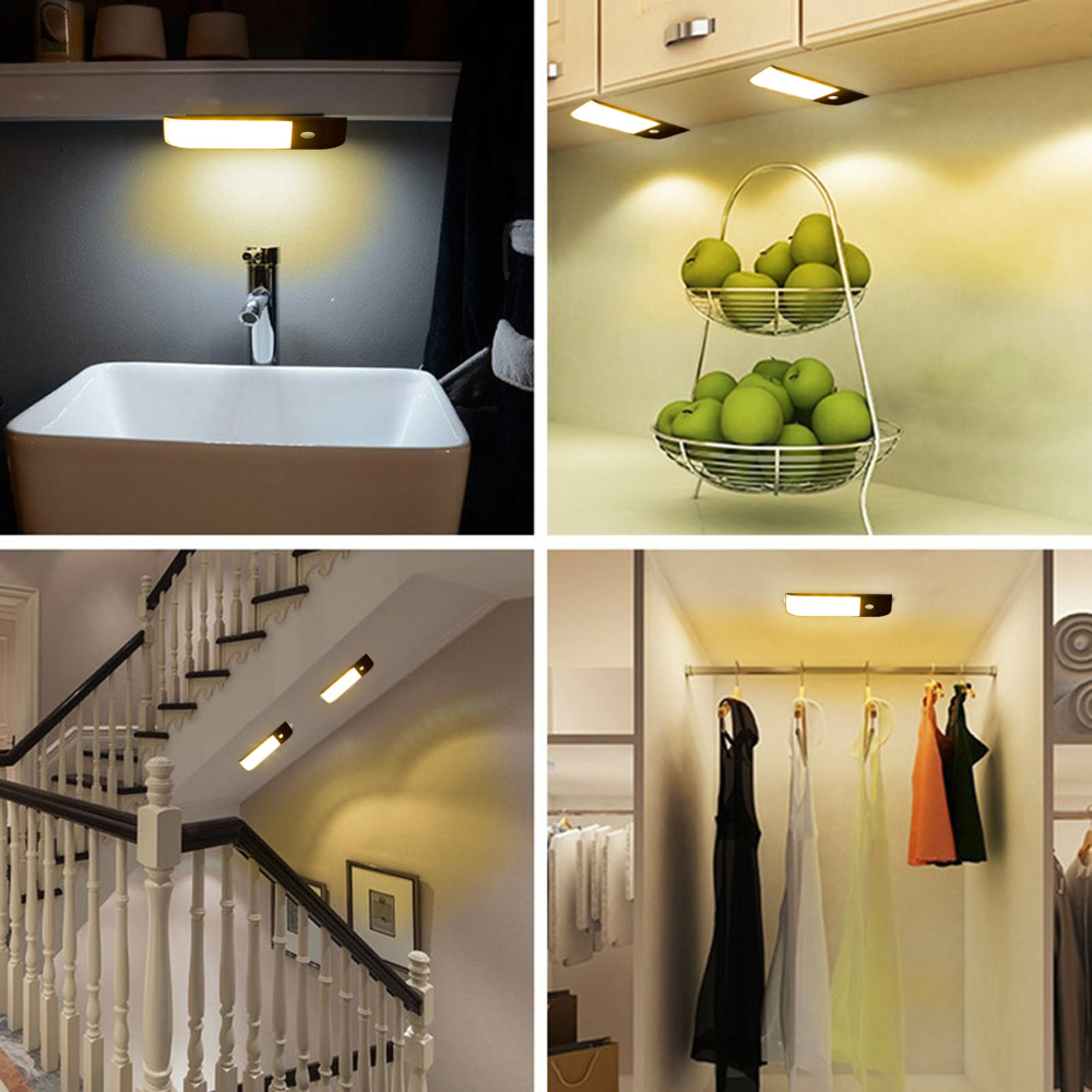 Vier Szenen beleuchtet von LED-Leuchten: Bad, Küche, Treppenhaus, Kleiderschrank.