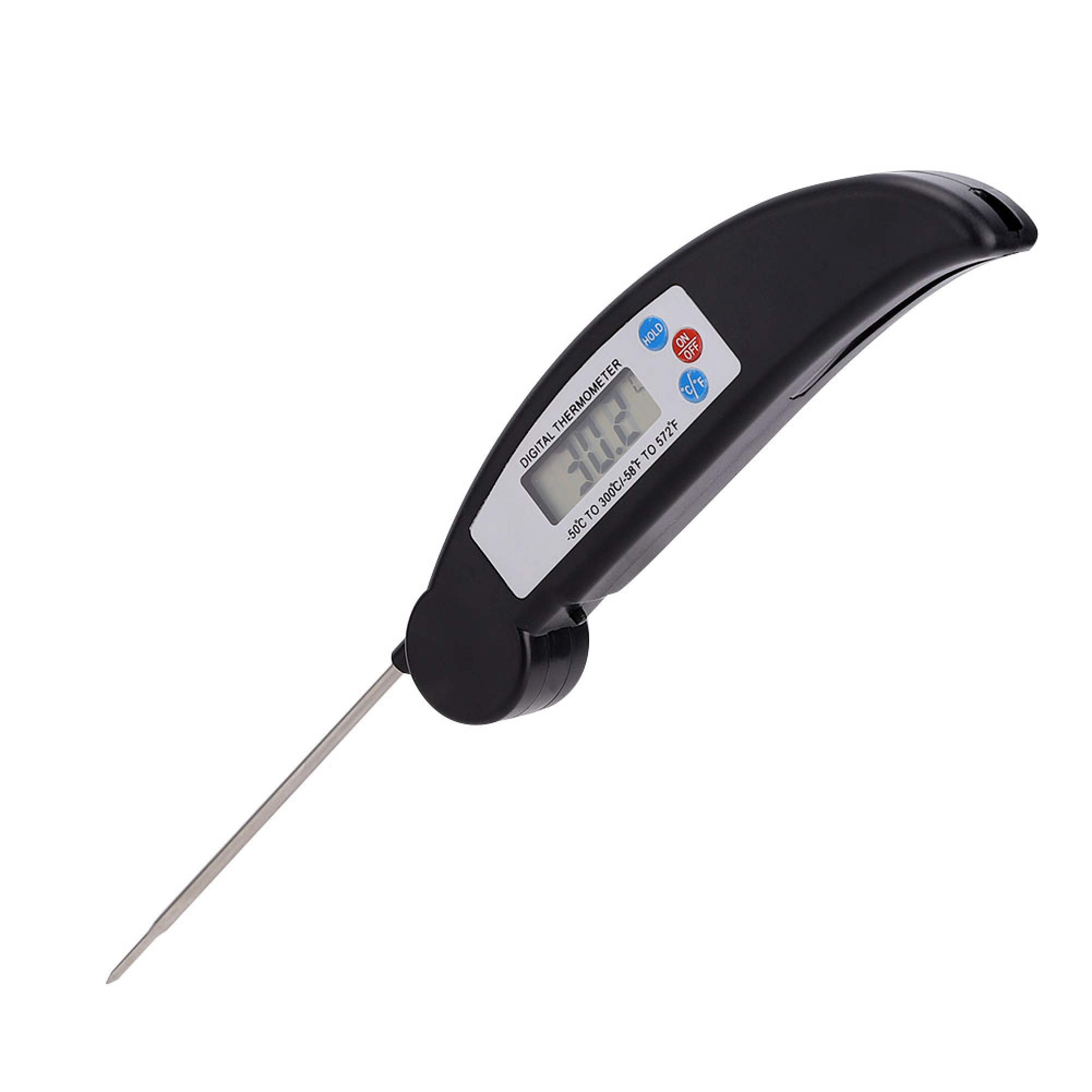 Ein schwarzes Digitalthermometer mit Metallsonden und einem LCD-Display, das 30,2 anzeigt.
