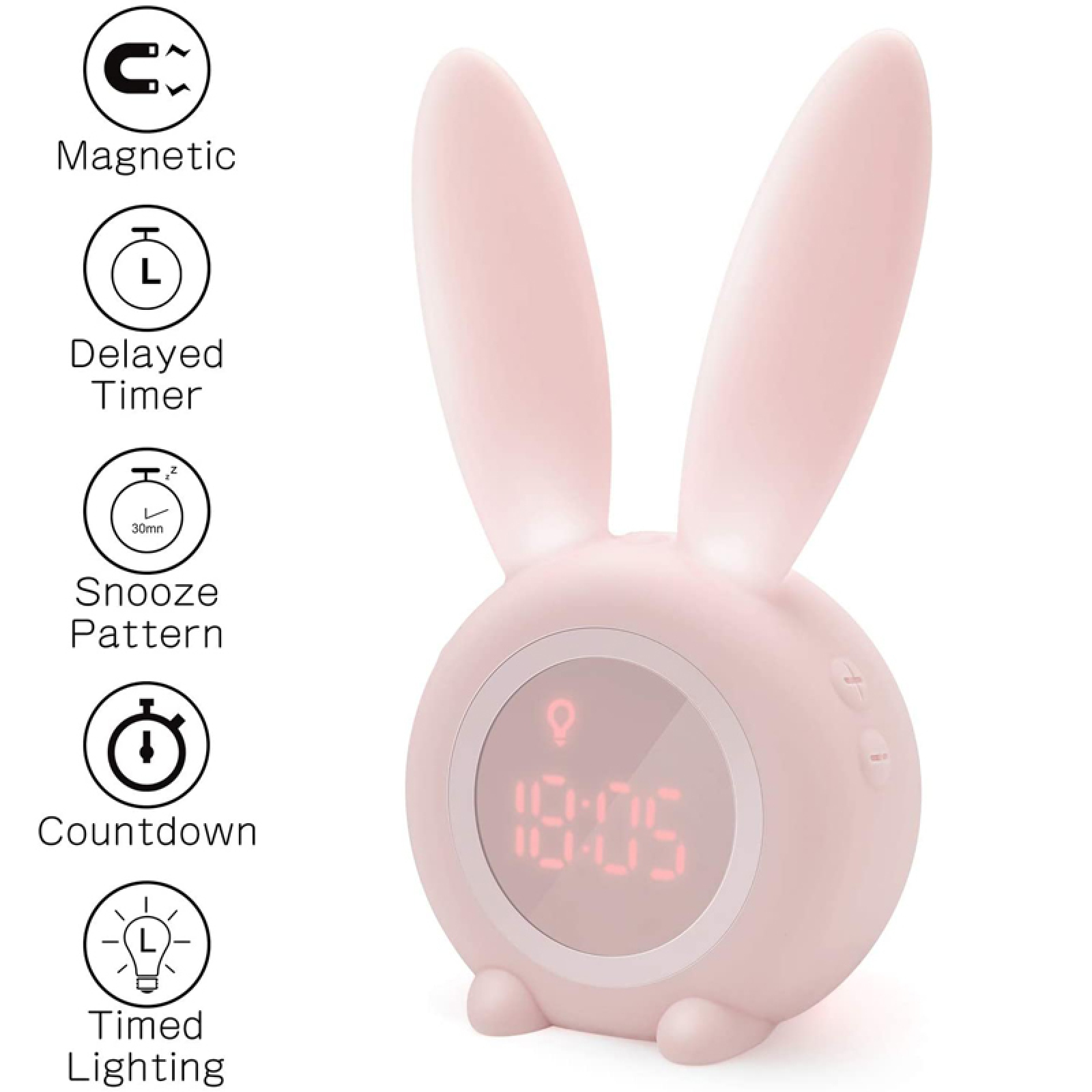 Ein rosa Hasenwecker mit digitalen roten Zahlen und Symbolen für Funktionen.