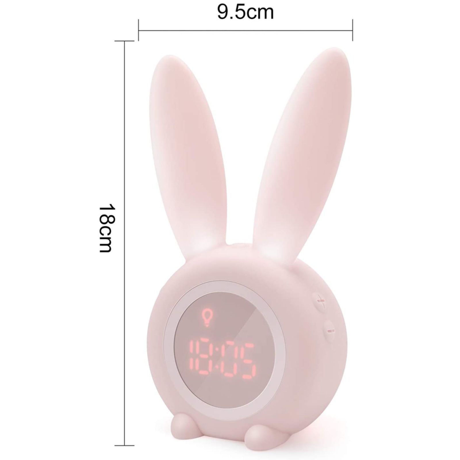 Ein rosafarbener Hase-Wecker mit leuchtenden Ohren und digitaler Zeitanzeige.