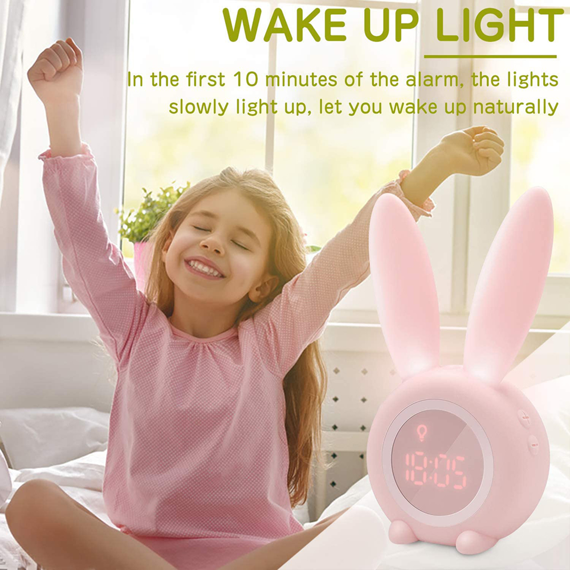 Ein rosa Hase-Nachtlicht mit digitaler Uhr zeigt 18:05 an.
