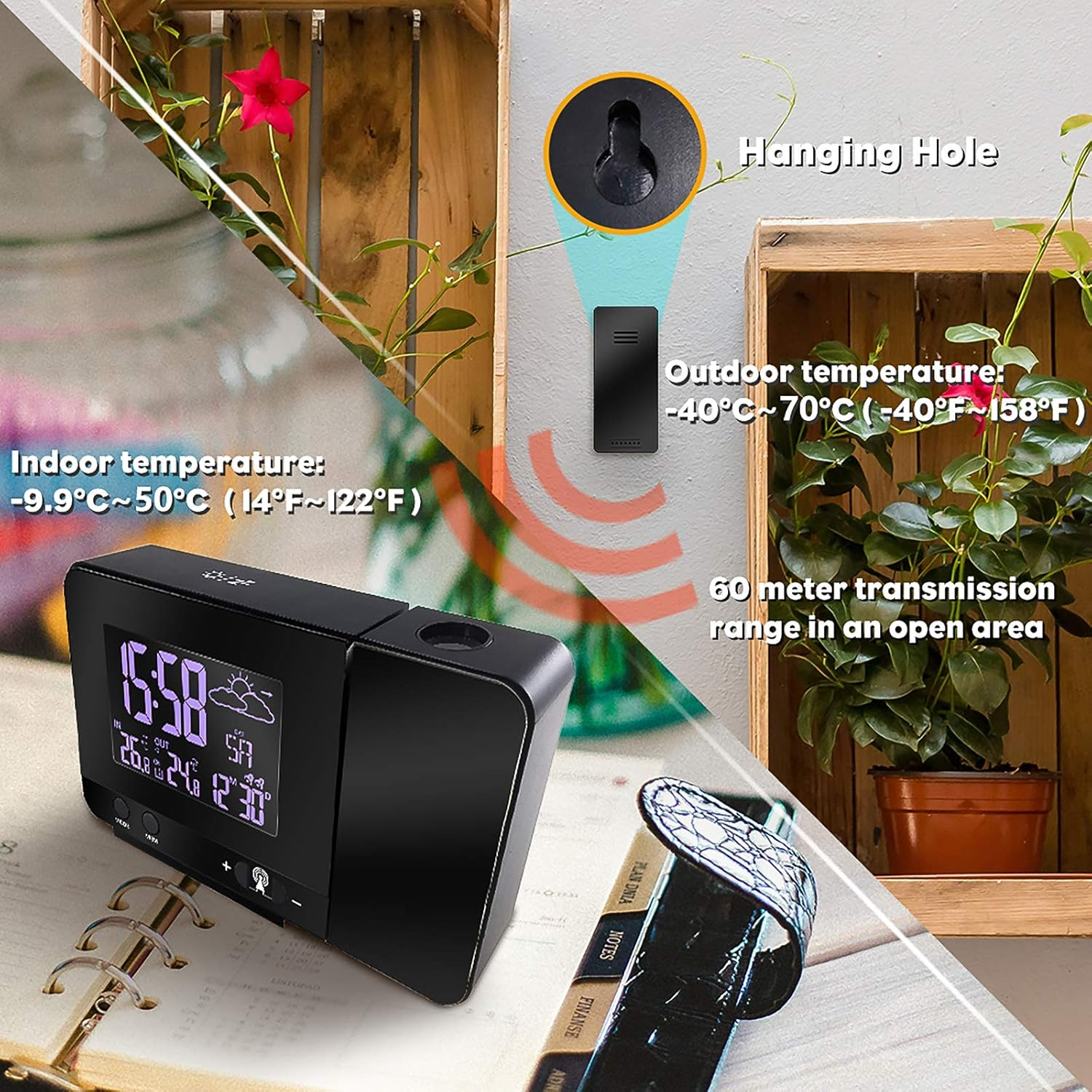 Digitale Uhr mit Wetteranzeige, Innen-/Außentemperatur und Übertragungsreichweite.