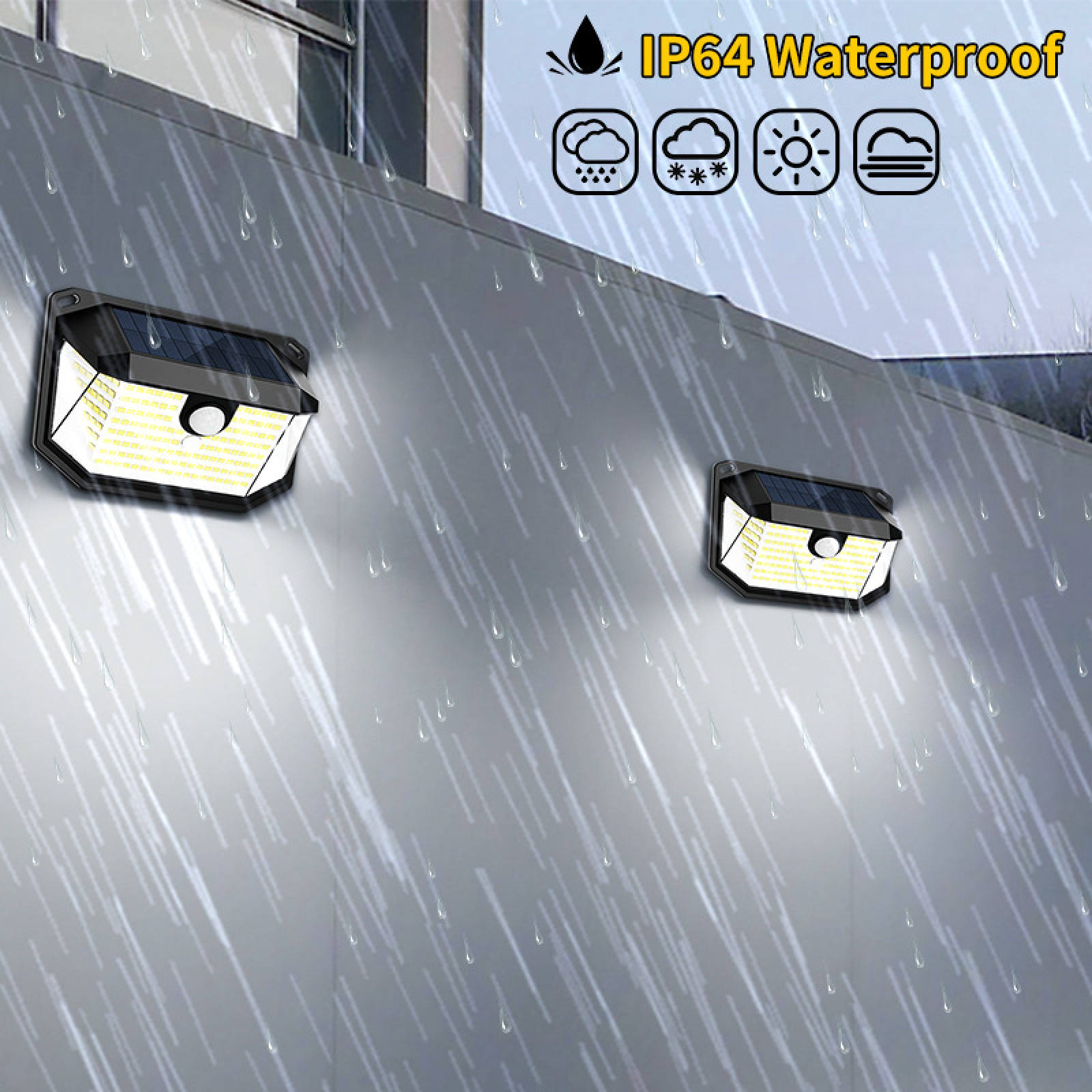 Zwei IP64 wasserdichte Solar-Wandleuchten mit LEDs beleuchten eine graue Wand bei Regen.
