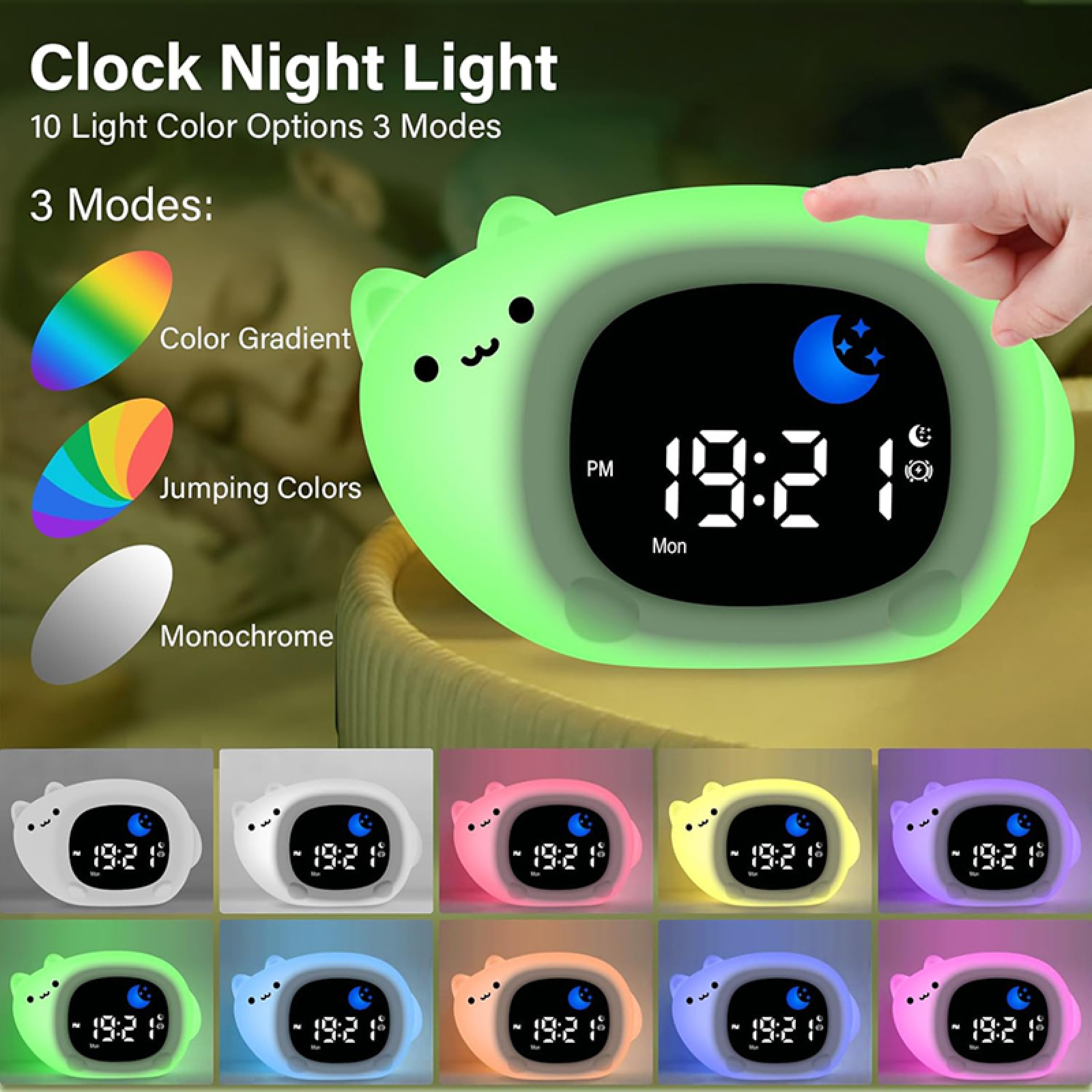 Grüne Katze-Nachtlicht-Uhr mit digitaler Anzeige und verschiedenen Lichtmodi.