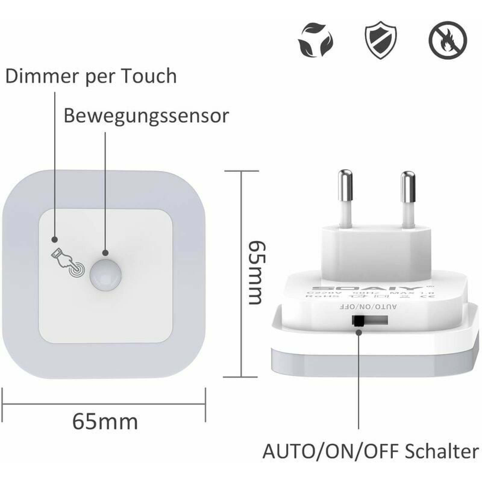 Ein 65mm Sensor mit Touch-Dimmer und Bewegungssensor, sowie ein Netzstecker.