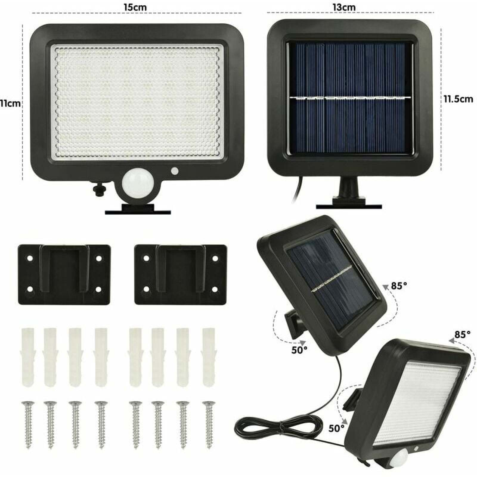 Solarleuchte mit Solarpanel, Halterungen, Dübeln und Schrauben.