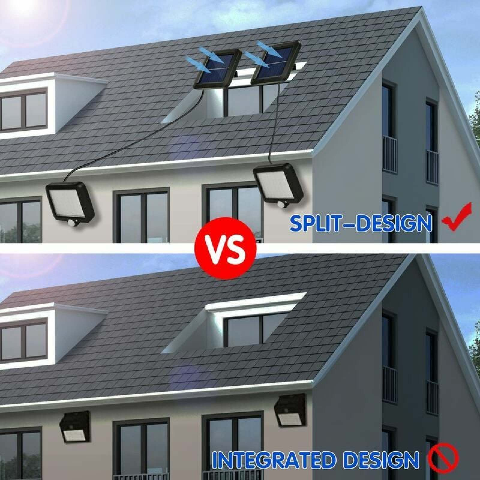 Split vs Integrierte Solarflutlicht-Designs auf einem Hausdach.