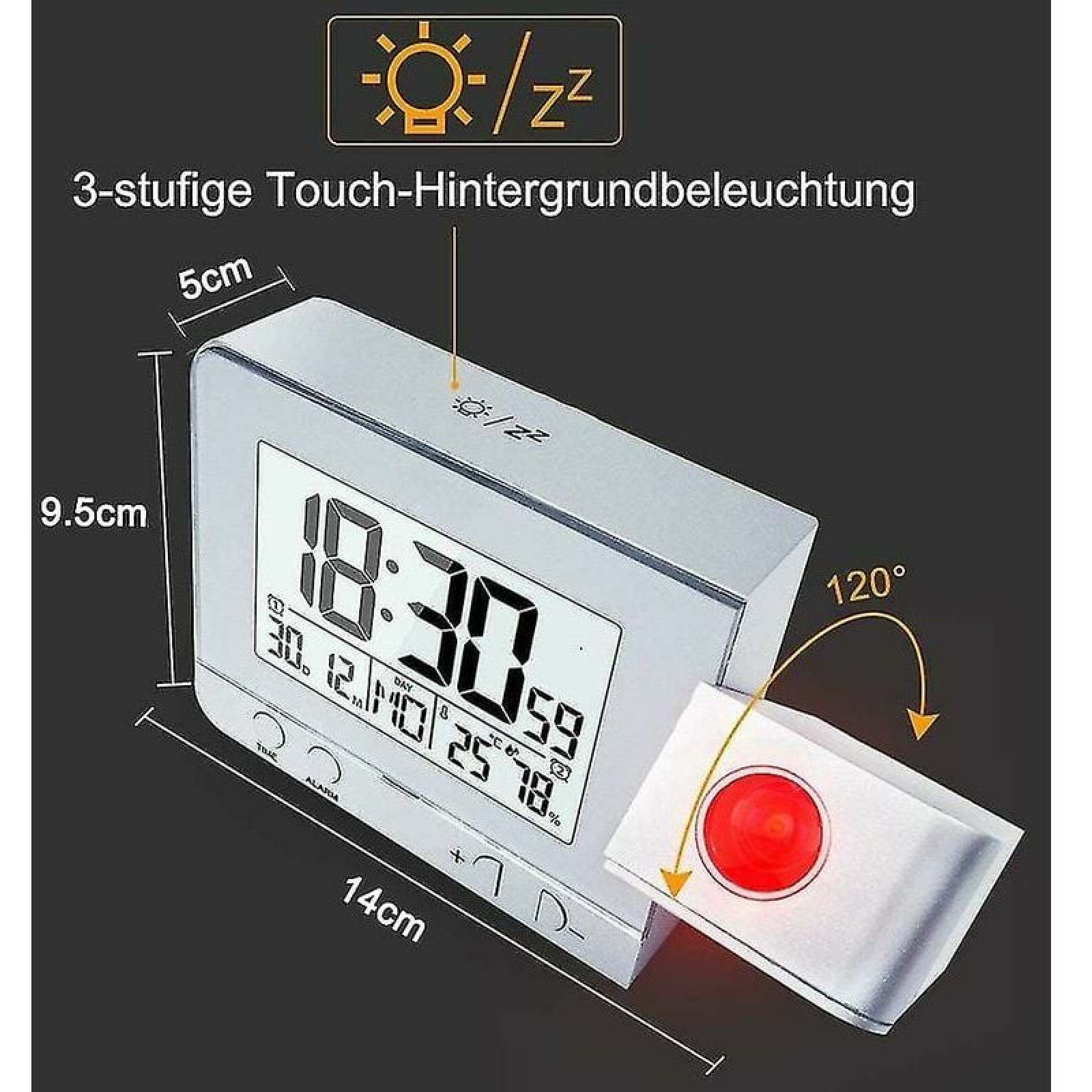 Digitaler Wecker mit Touch-Hintergrundbeleuchtung, zeigt Zeit, Datum, Temperatur und Luftfeuchtigkeit.