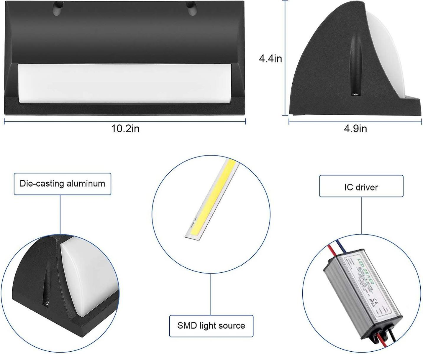 Abmessungen einer schwarzen Wandleuchte aus Aluminiumdruckguss mit weißem Diffusor, SMD-LED-Quelle und IC-Treiber.