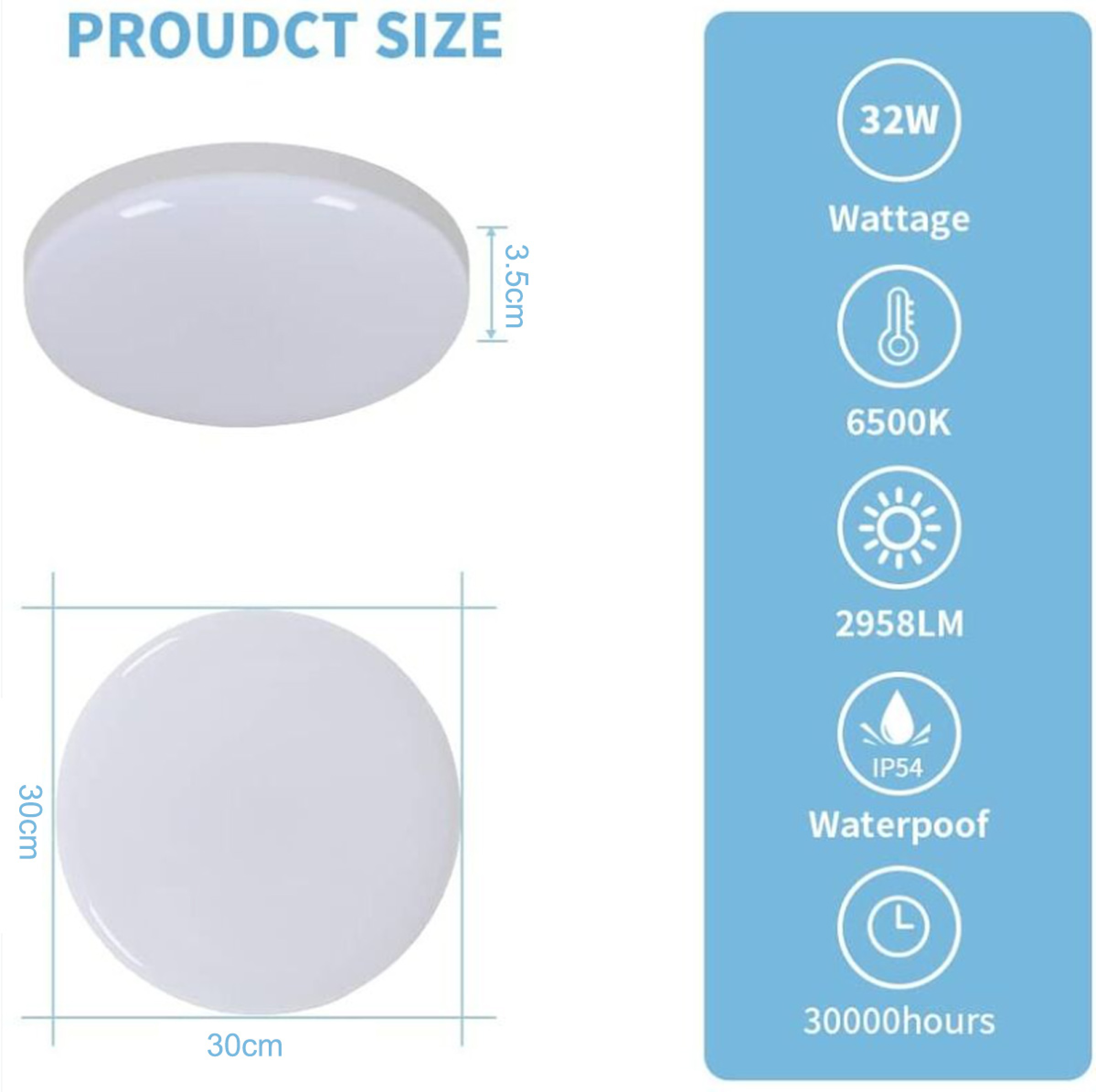 Produktgröße: 32W, 6500K, 2958LM, IP54 wasserdicht, 30000h. Maße: 30x30x3,5cm.