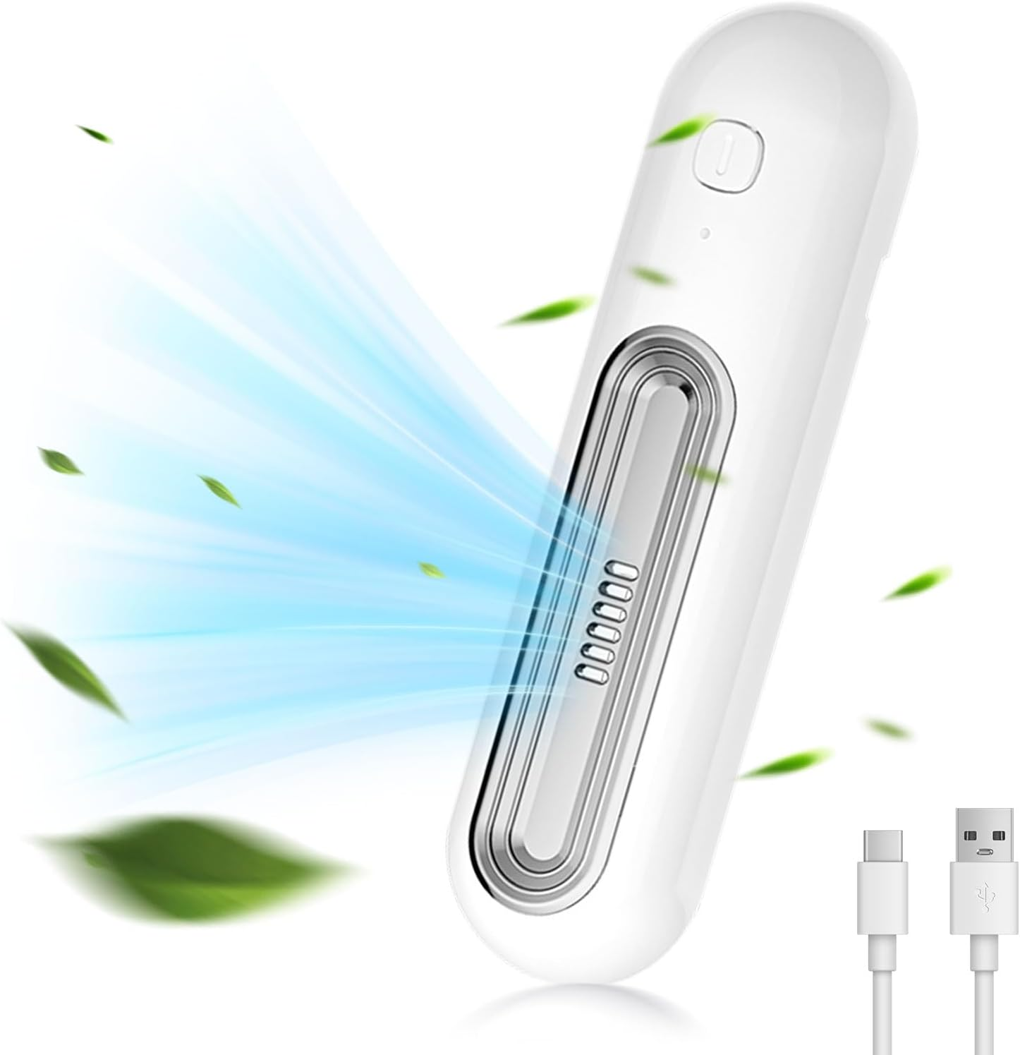 Ein weißer Luftreiniger mit blauem Luftstrom und grünen Blättern. USB-Kabel.